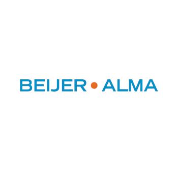 The image shows the Beijer Alma logo with blue text on a white background. A small red dot separates "Beijer" and "Alma," conveying simplicity and professionalism.