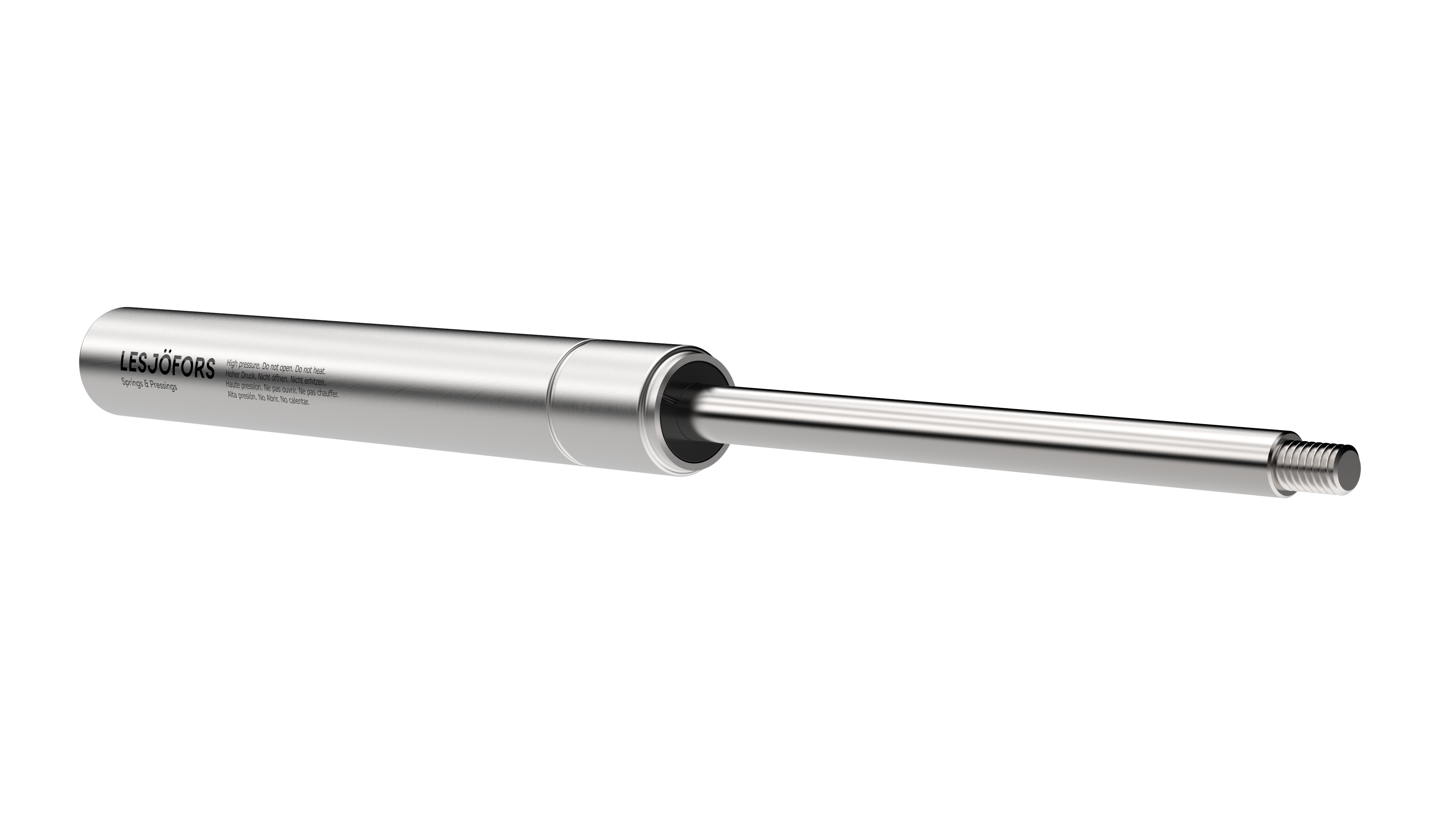 A stainless steel compression gas spring. The spring has a silvery shiny finish.