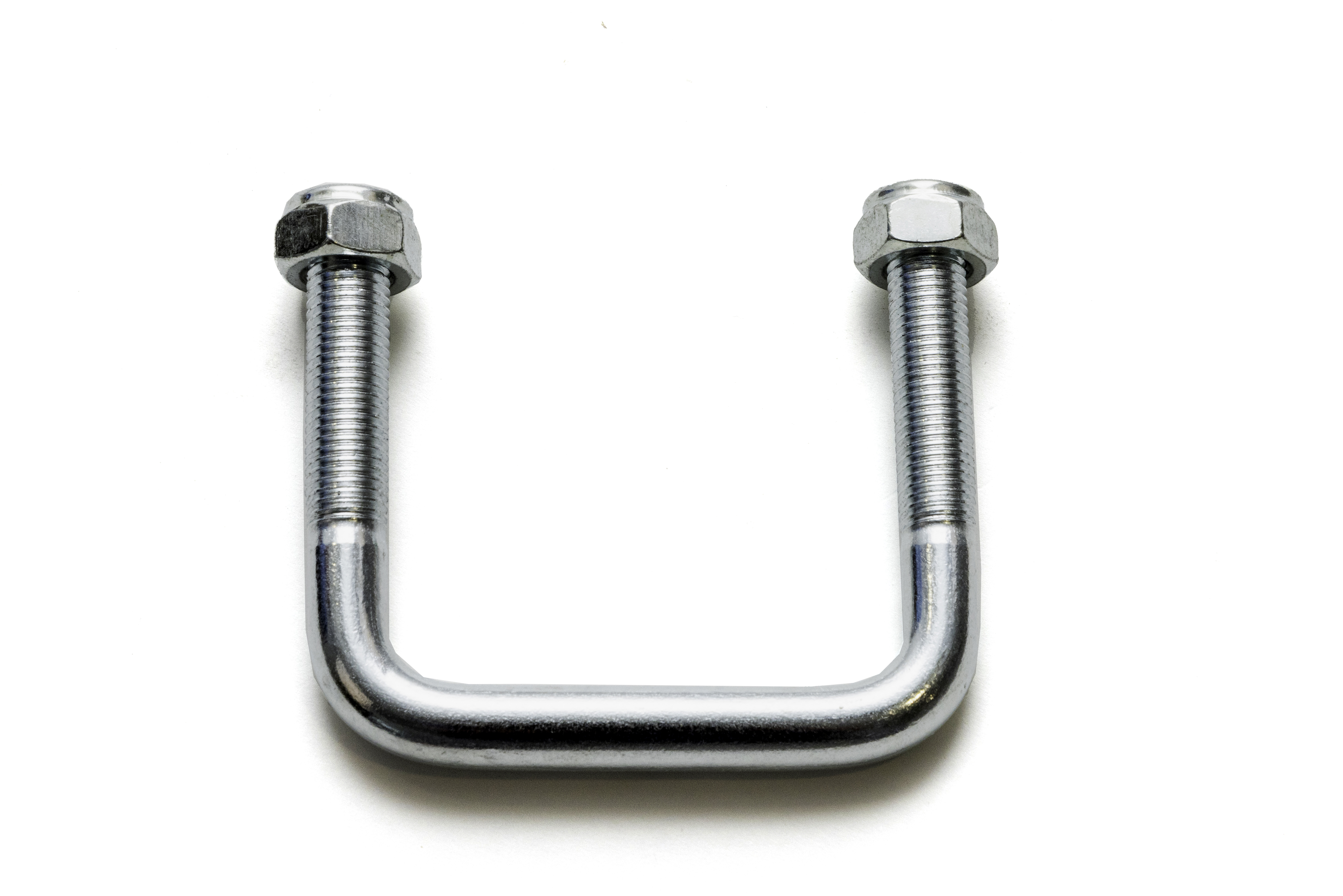 A metal U-bolt with threaded ends and two attached nuts, set against a plain white background. The bolt is shiny and industrial in appearance.