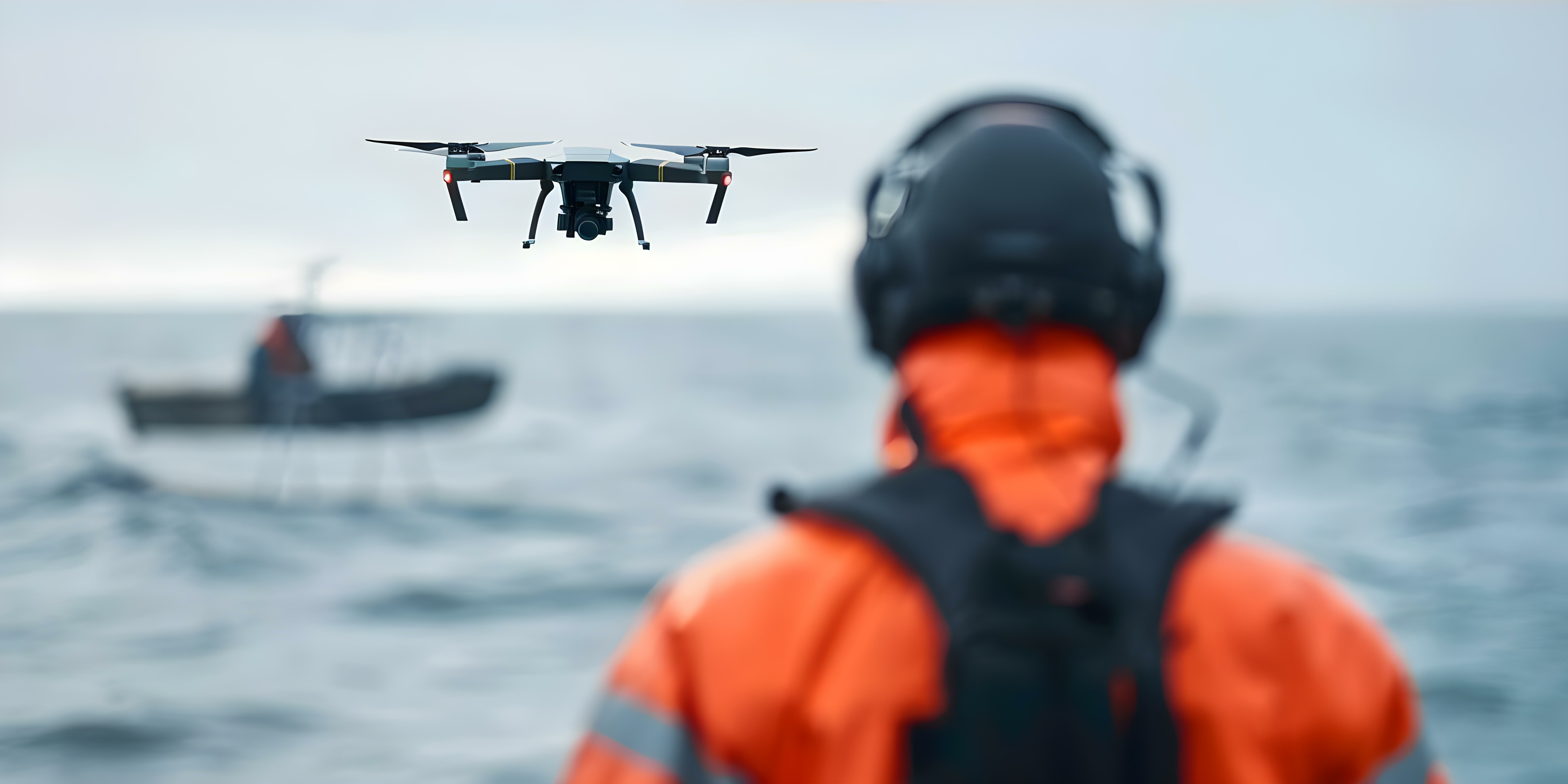 A person in high-visibility gear and headphones operating a drone over the ocean, with a boat in the distance.