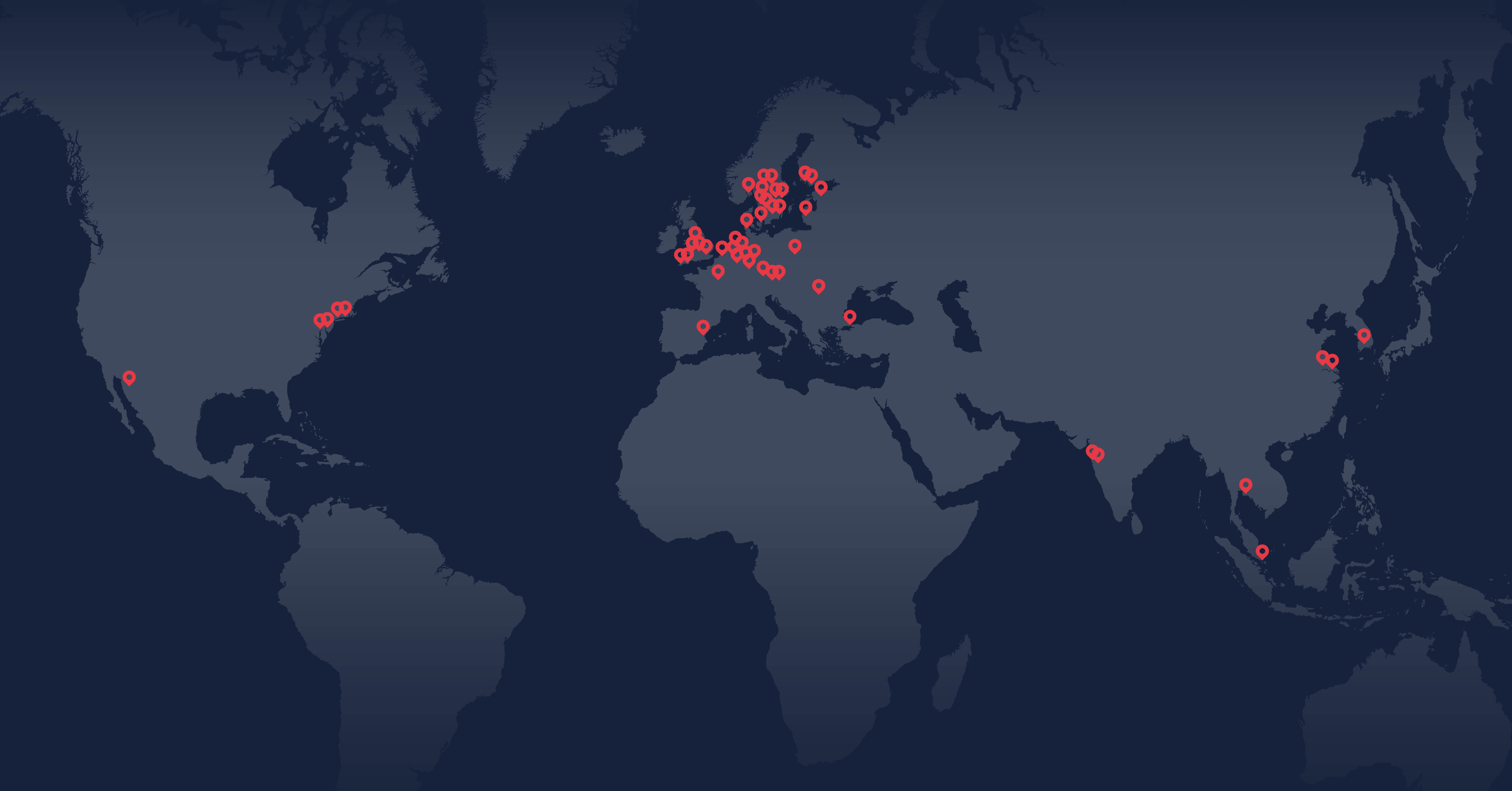 Dark world map highlighting clusters in Northern Europe and parts of the U.S. with red dots, indicating areas of focus or activity.