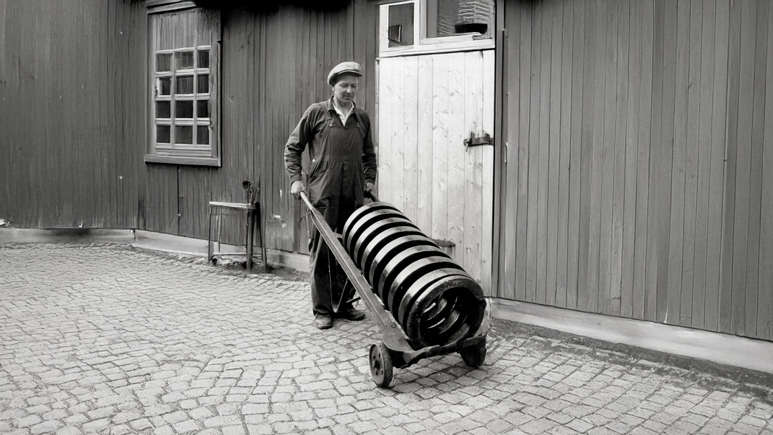 Black-and-white photo of a worker moving a large coil spring on a hand cart.