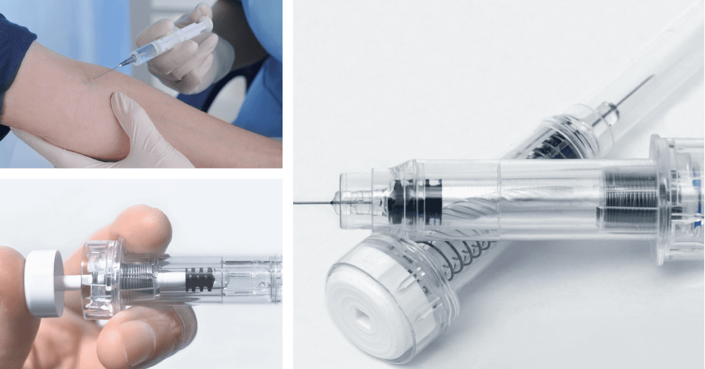 Collage showing a person receiving an injection, a close-up of a hand holding a syringe, and two syringes placed on a white surface.