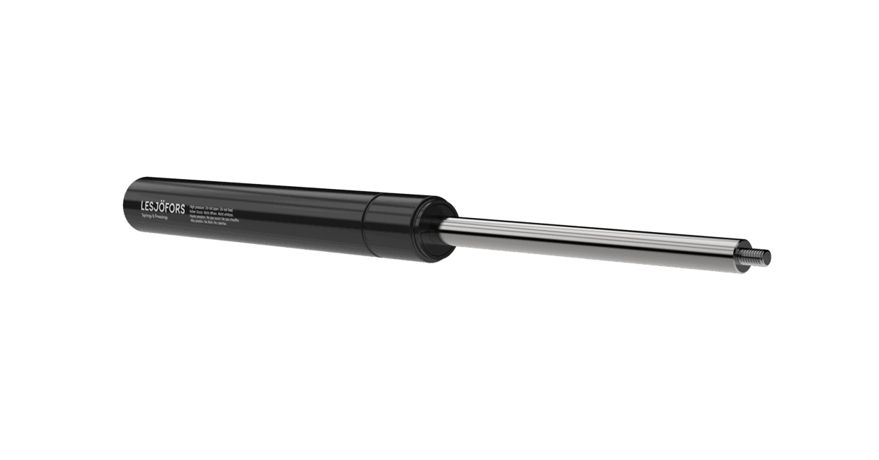 Black and silver compression gas spring with the Lesjöfors name printed on the black section, set against a white background.