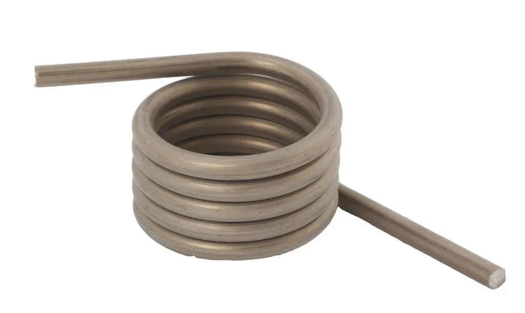 A large stainless steel torsion spring with two straight legs extending outward, photographed on a white background.
