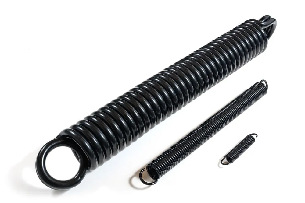 Three black-coated tension springs of varying sizes with hook ends for extension and load-bearing applications.