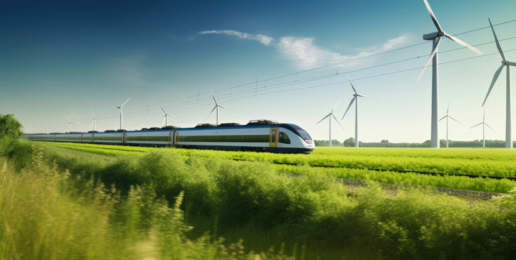 A sleek high-speed train travels through a lush green field under a clear blue sky, with tall wind turbines in the background.