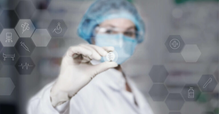 A medical professional in a lab coat, mask, and hairnet holds a pill, with medical icons like syringes and crosses overlaying the blurred background.