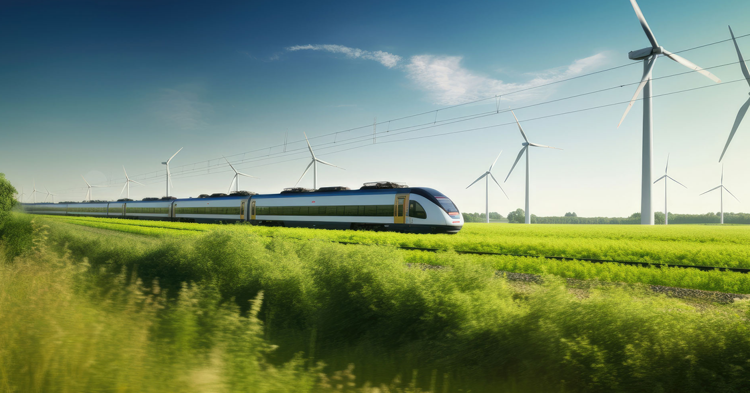 A sleek high-speed train travels through lush green fields under a clear blue sky, flanked by large wind turbines, symbolizing eco-friendly transport.