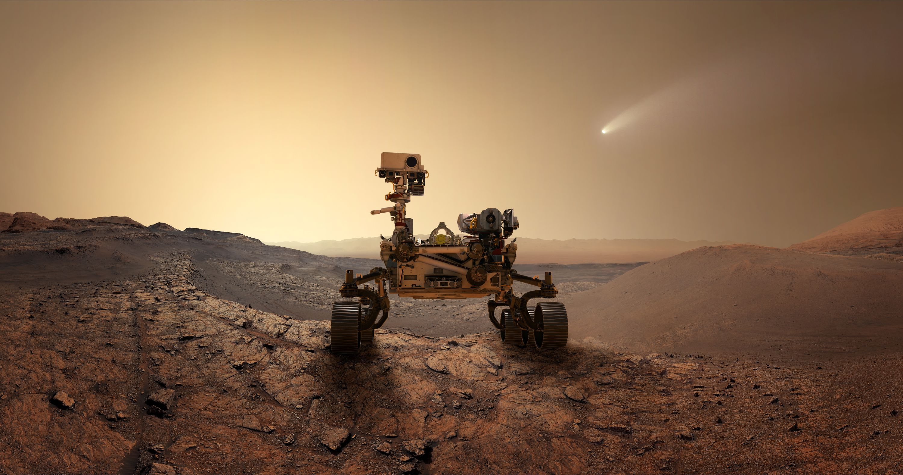NASA's Perseverance rover on the surface of Mars with a comet visible in the sky.