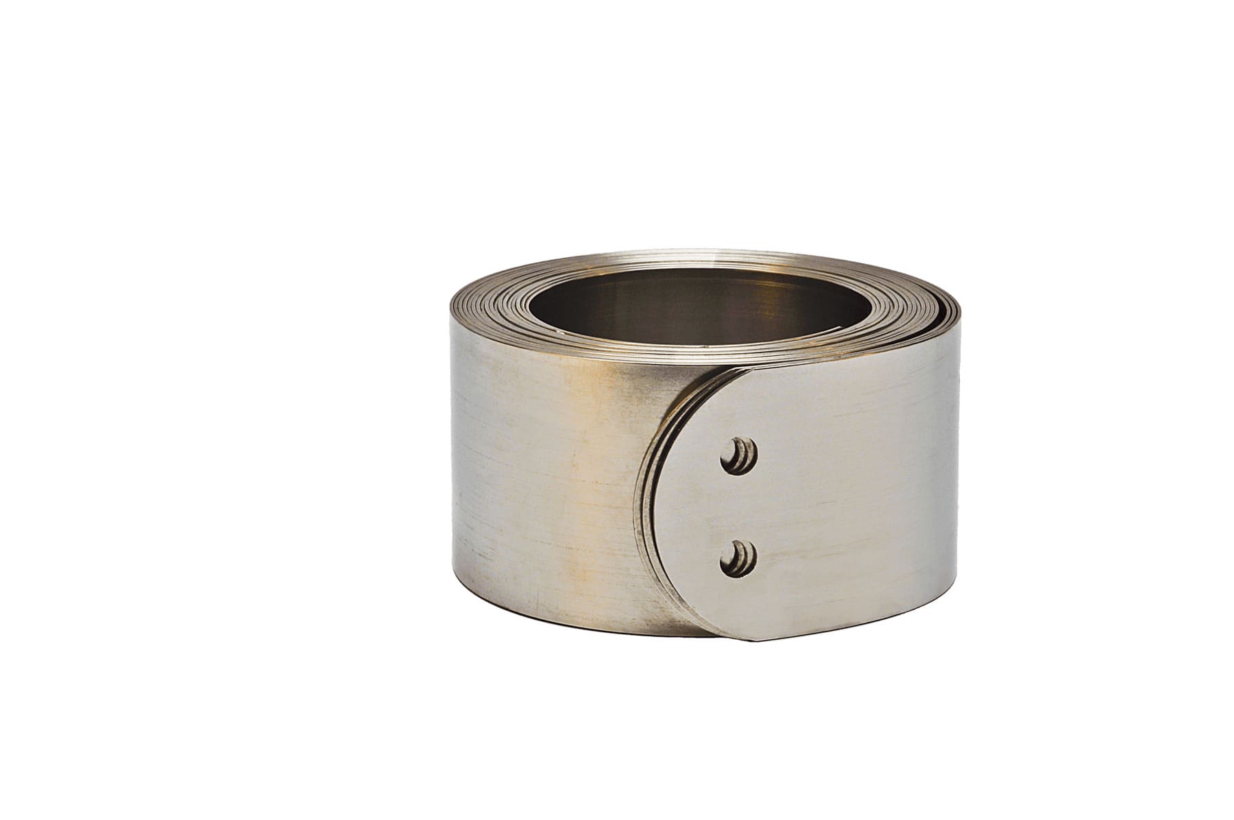 Single constant force spring on a white background.