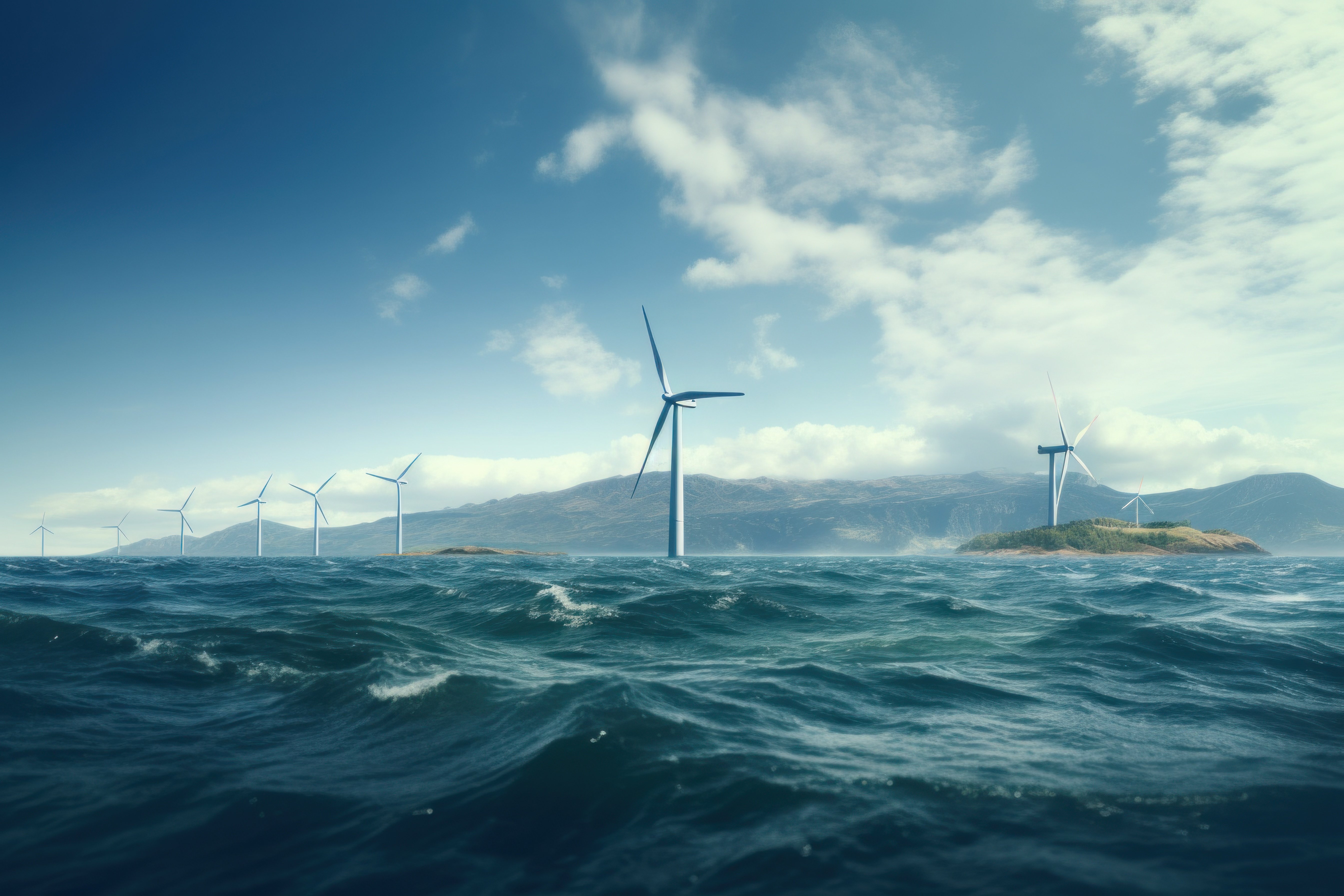 Offshore wind turbines under a bright sky with land visible in the background.