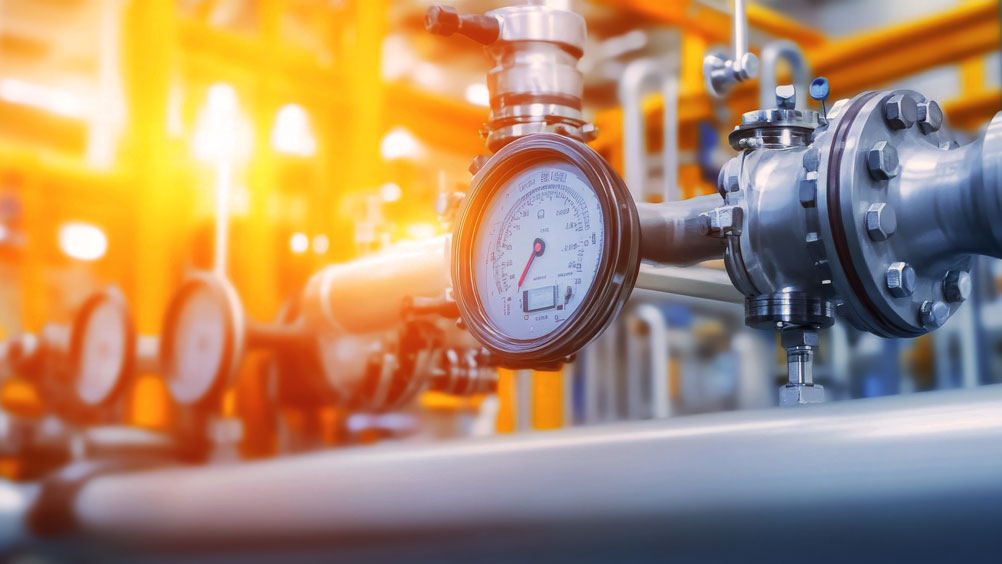 Close-up of industrial pressure gauges on metal pipes with bright orange lighting.