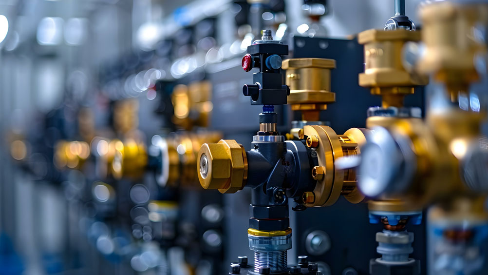 Close-up of industrial pipes and brass valves in a modern facility, with a focus on intricate details.