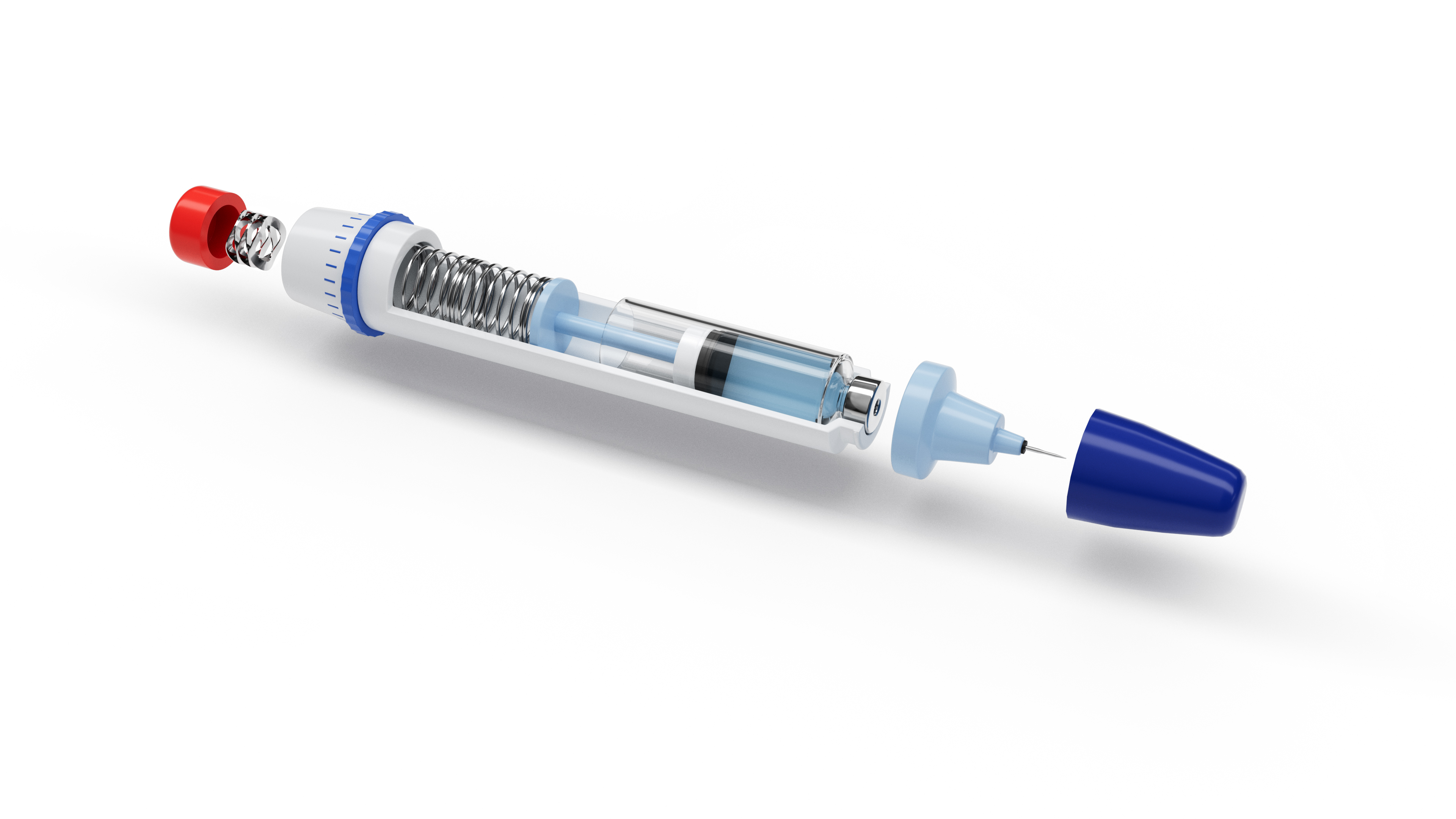 A clear insulin pen with a red cap on the bottom and a blue cap on the top, set against a plain white background.
