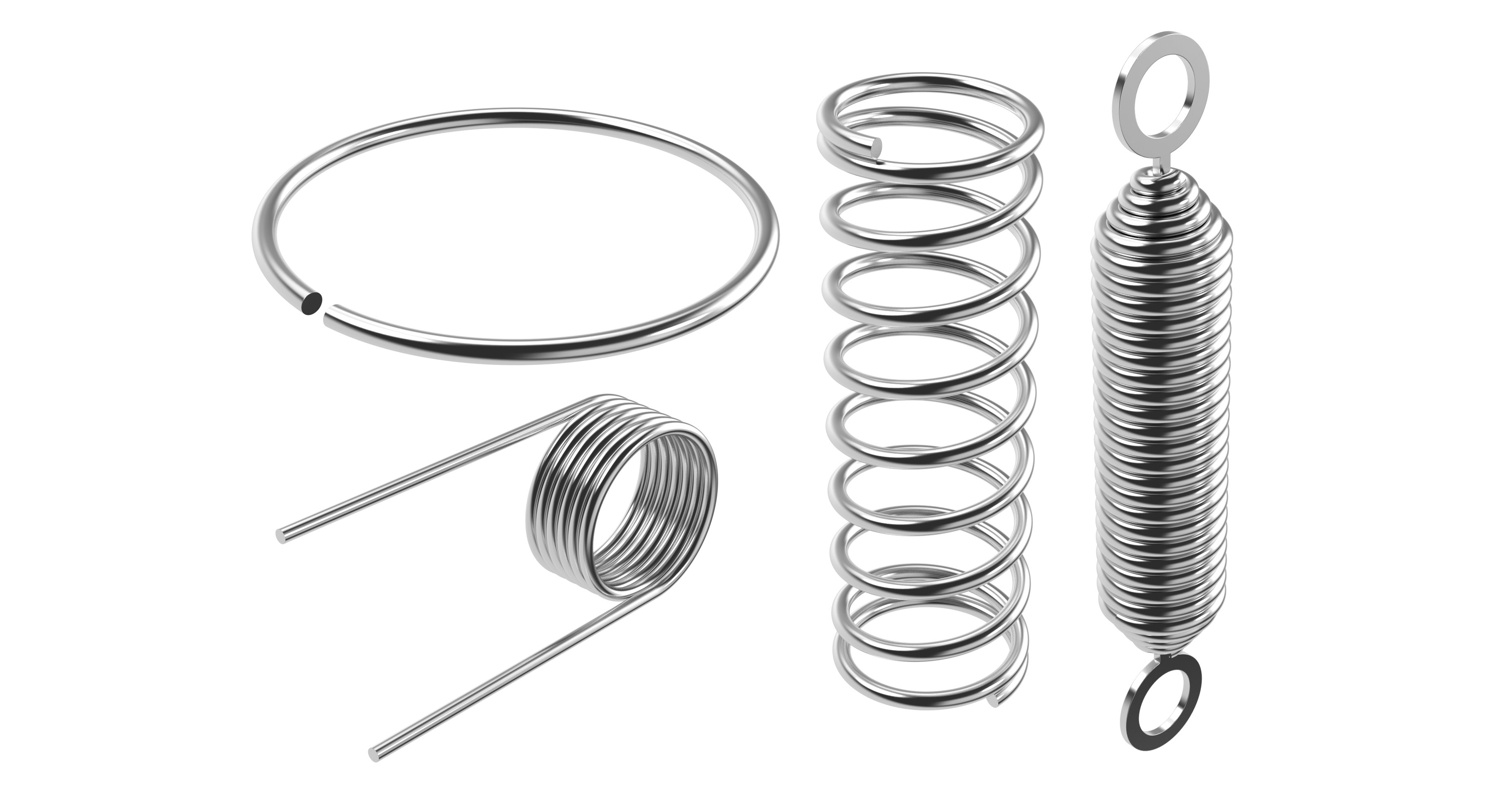 Four types of shiny metal springs displayed on a transparent background, showcasing diverse shapes: compression spring, extension spring, torsion spring, and wire ring.