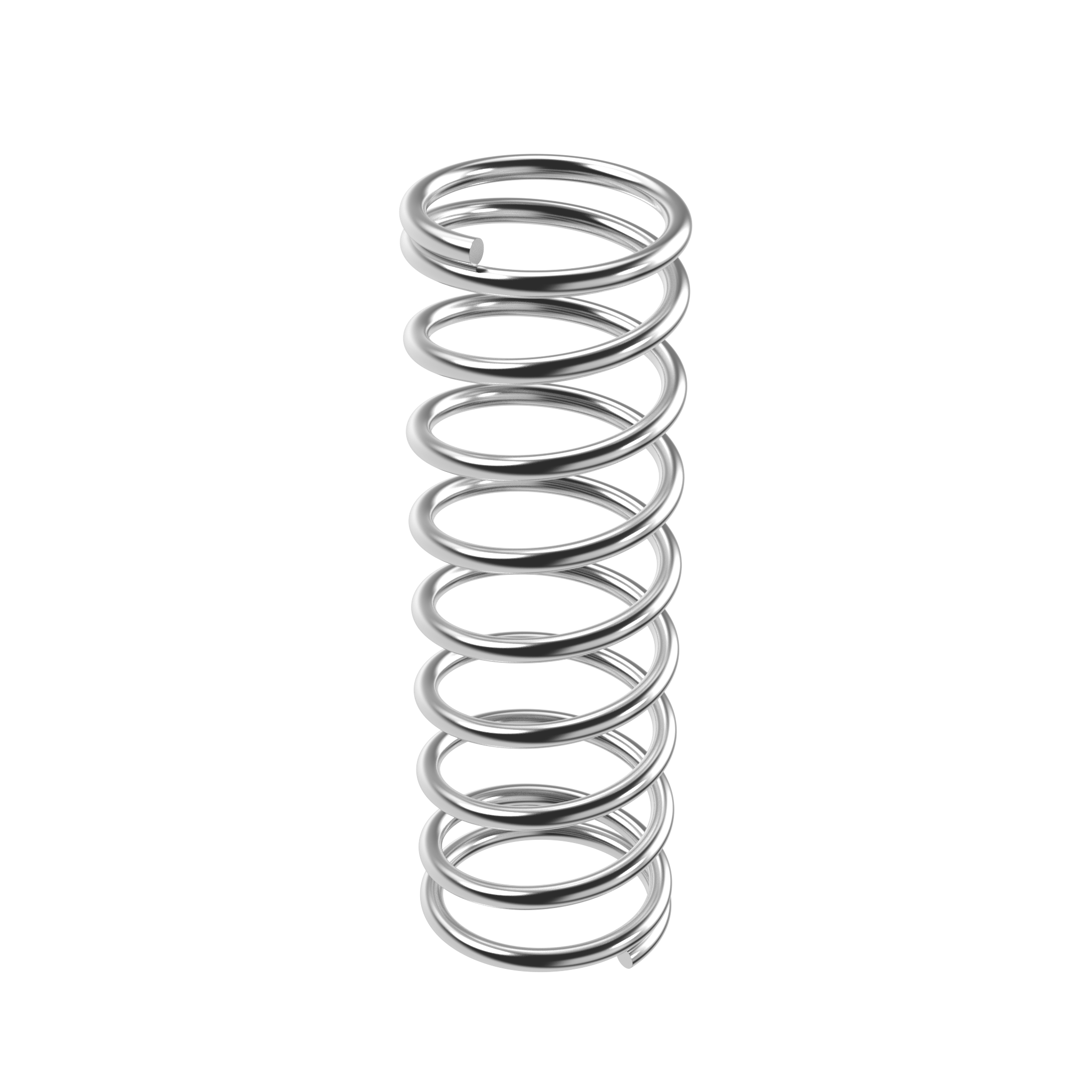 Metallic coil spring, also called compression spring, on a transparent background, showcasing a shiny, helical structure.