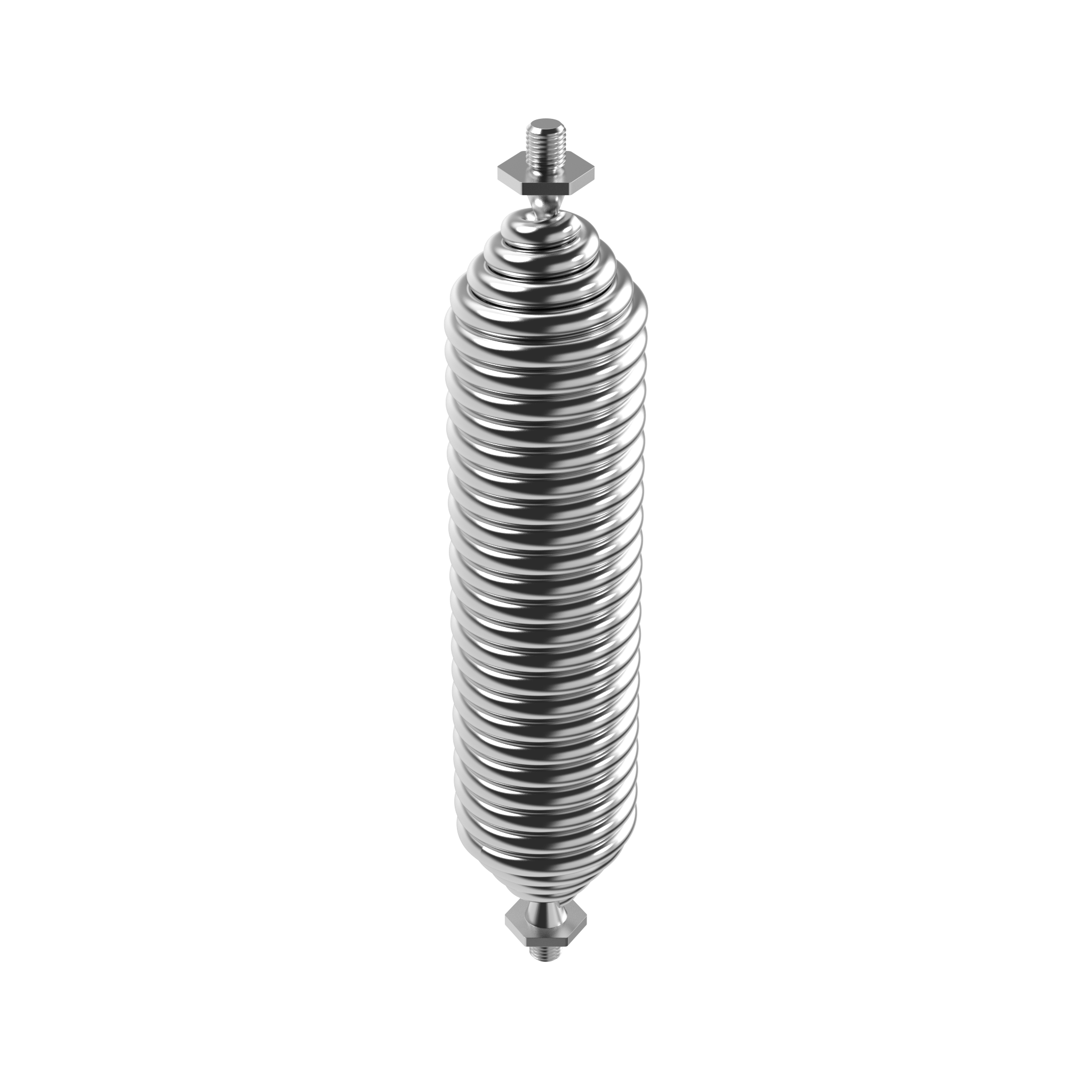 A silver and cylindrical extension spring with pointed ends, centered on a white background.