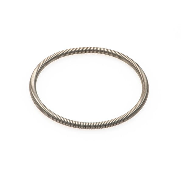 A simple, metallic garter spring is centered on a white background. The ring appears smooth and circular. 