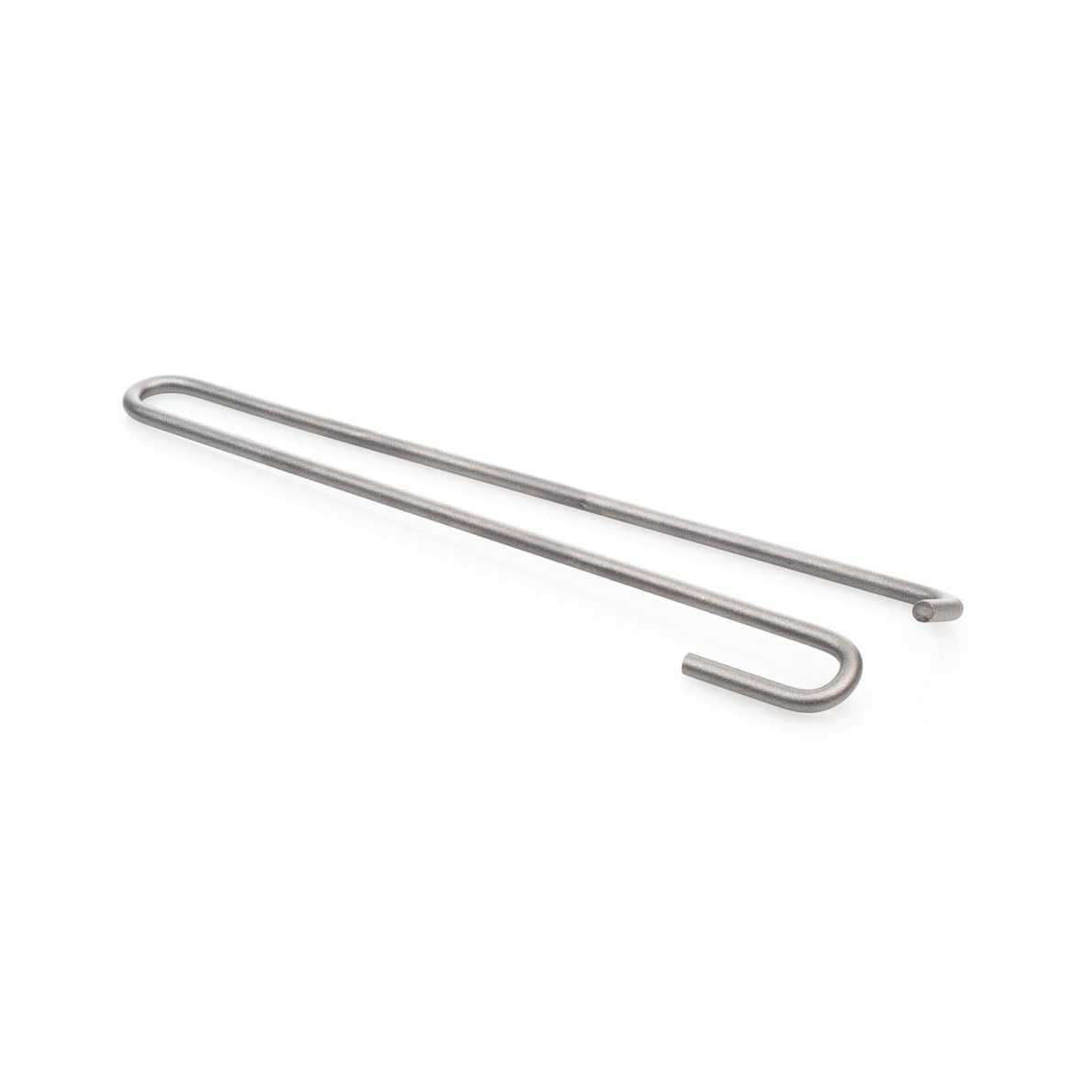 A torsion bar spring, a silver metal hook with a U-shaped bend resting on a white background.