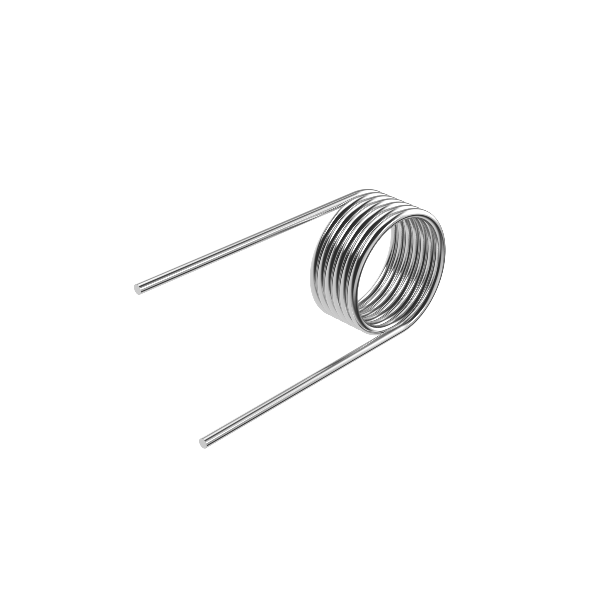 A shiny metal torsion spring with parallel ends is centered on a transparent background, showing its spiral design.