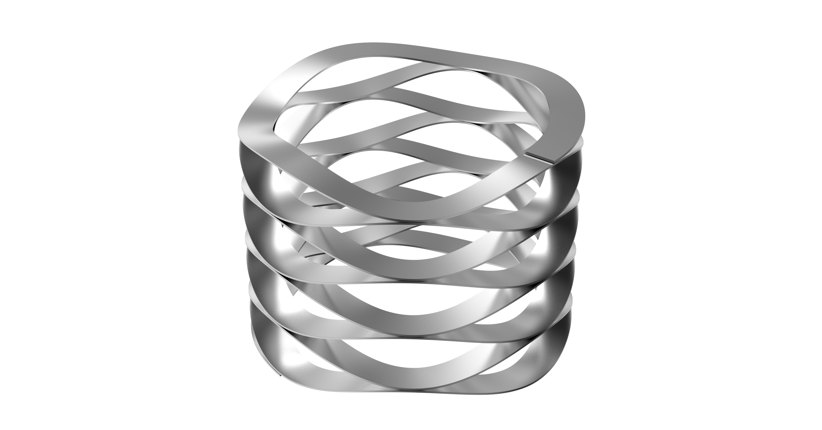 A sleek, silver metal wave spring featuring interwoven loops forms a cylindrical shape against a transparent background.
