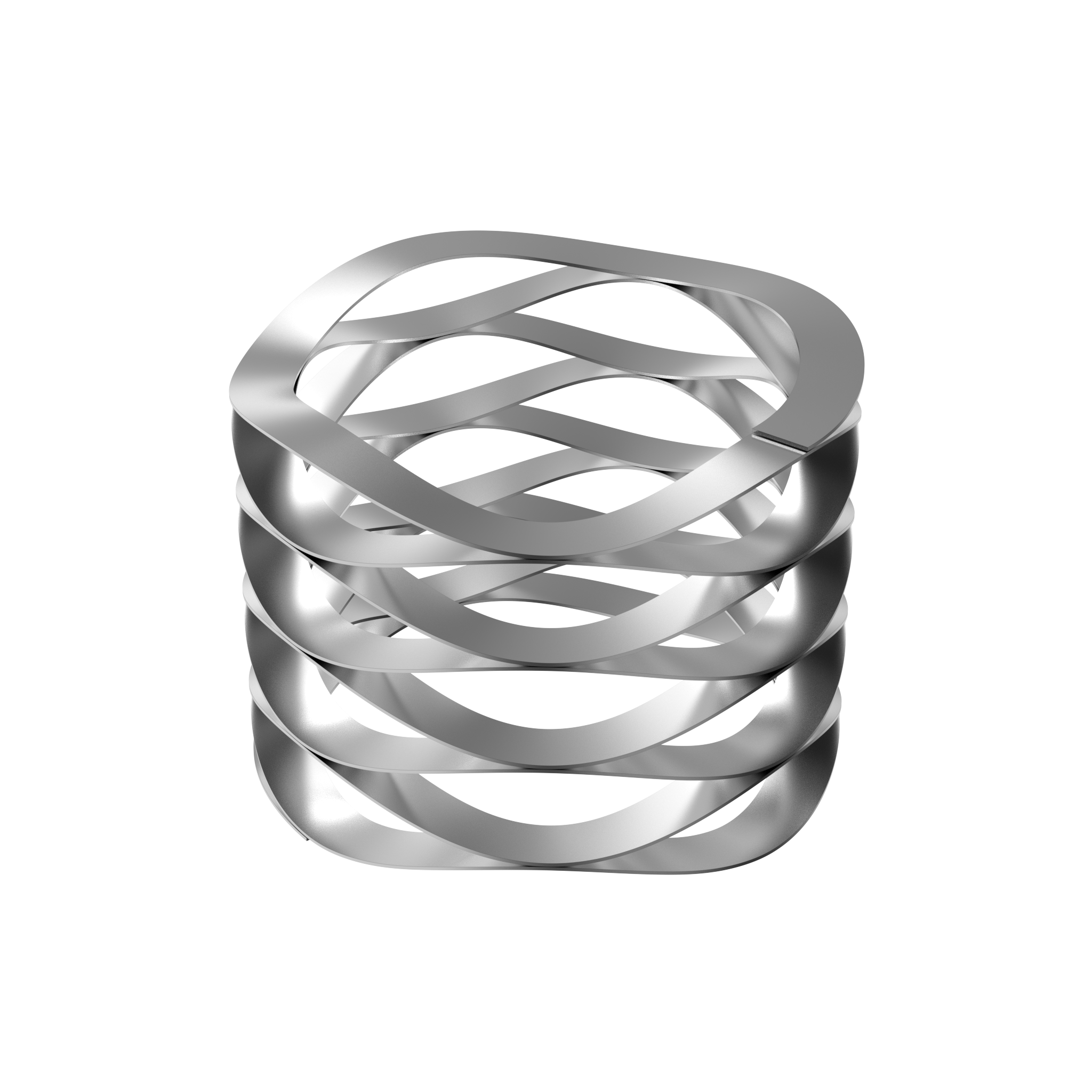 A sleek, silver metal wave spring featuring interwoven loops forms a cylindrical shape against a transparent background.