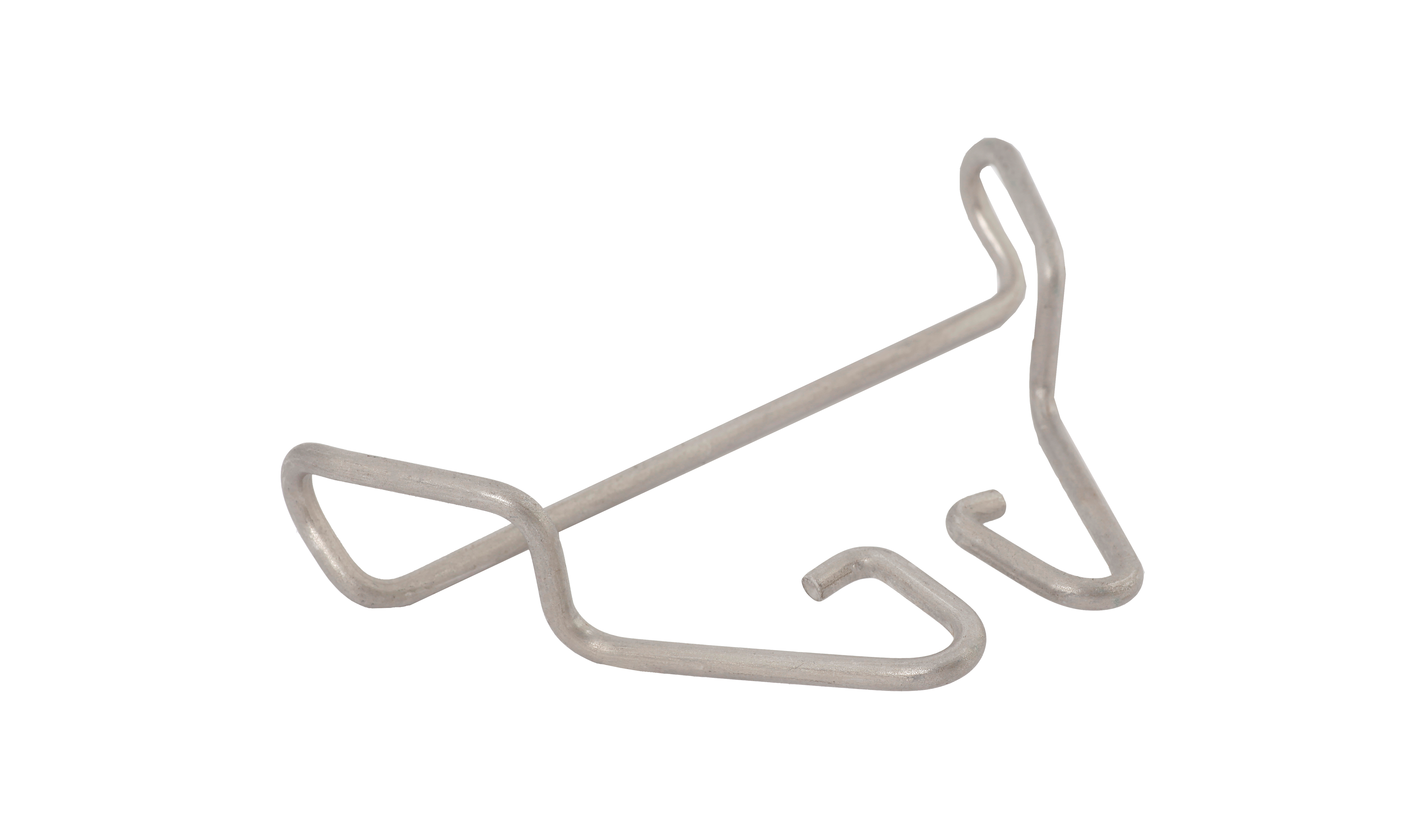 A stainless steel wire-form clip with a curved, angular shape on a white background. It has hooks on either end.