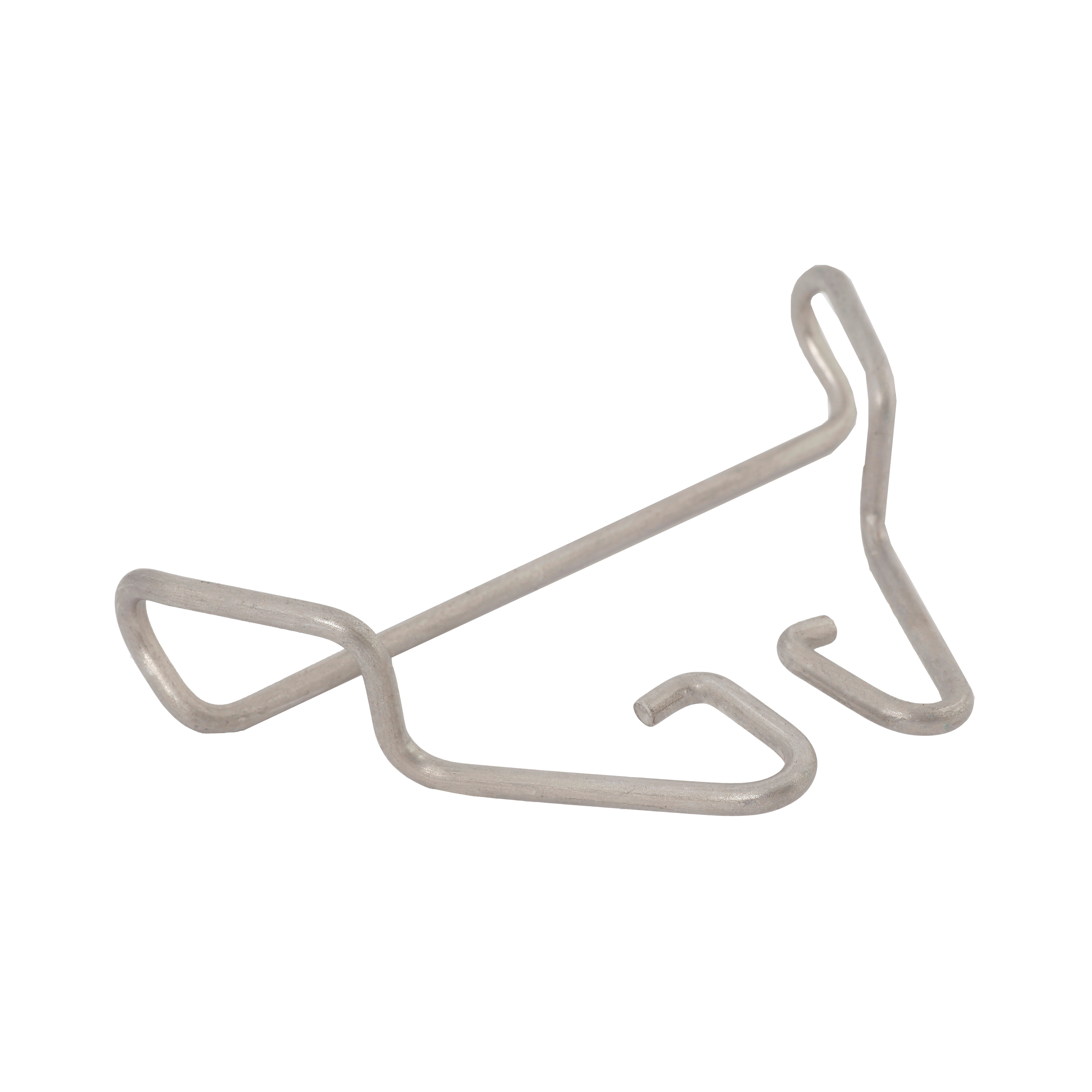 A stainless steel wire clip with a bent, angular shape against a white background. It has hooks at both ends.