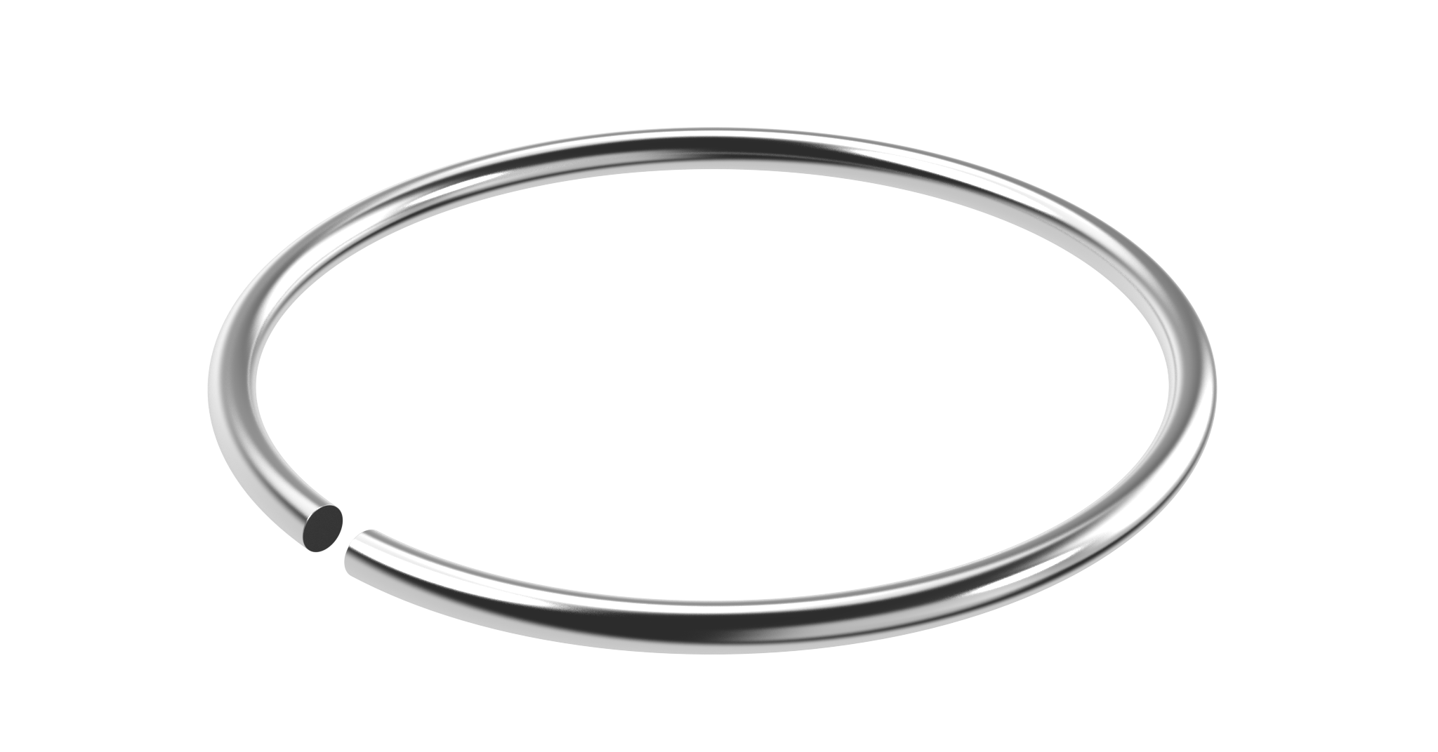 A shiny, metallic, incomplete circular band on a transparent background, resembling an open-ended loop.