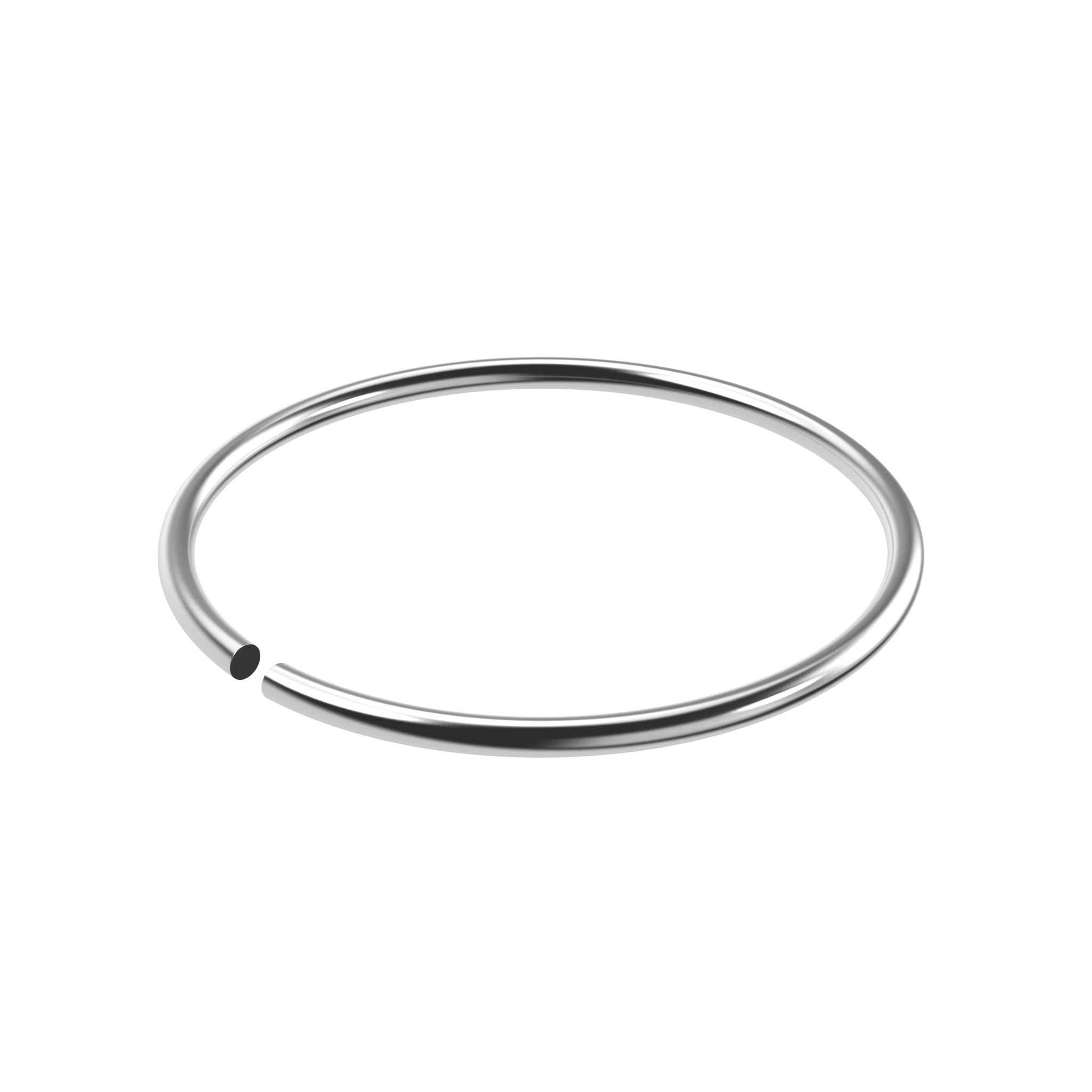 A shiny, metallic, wireform on a transparent background, resembling an open-ended loop.