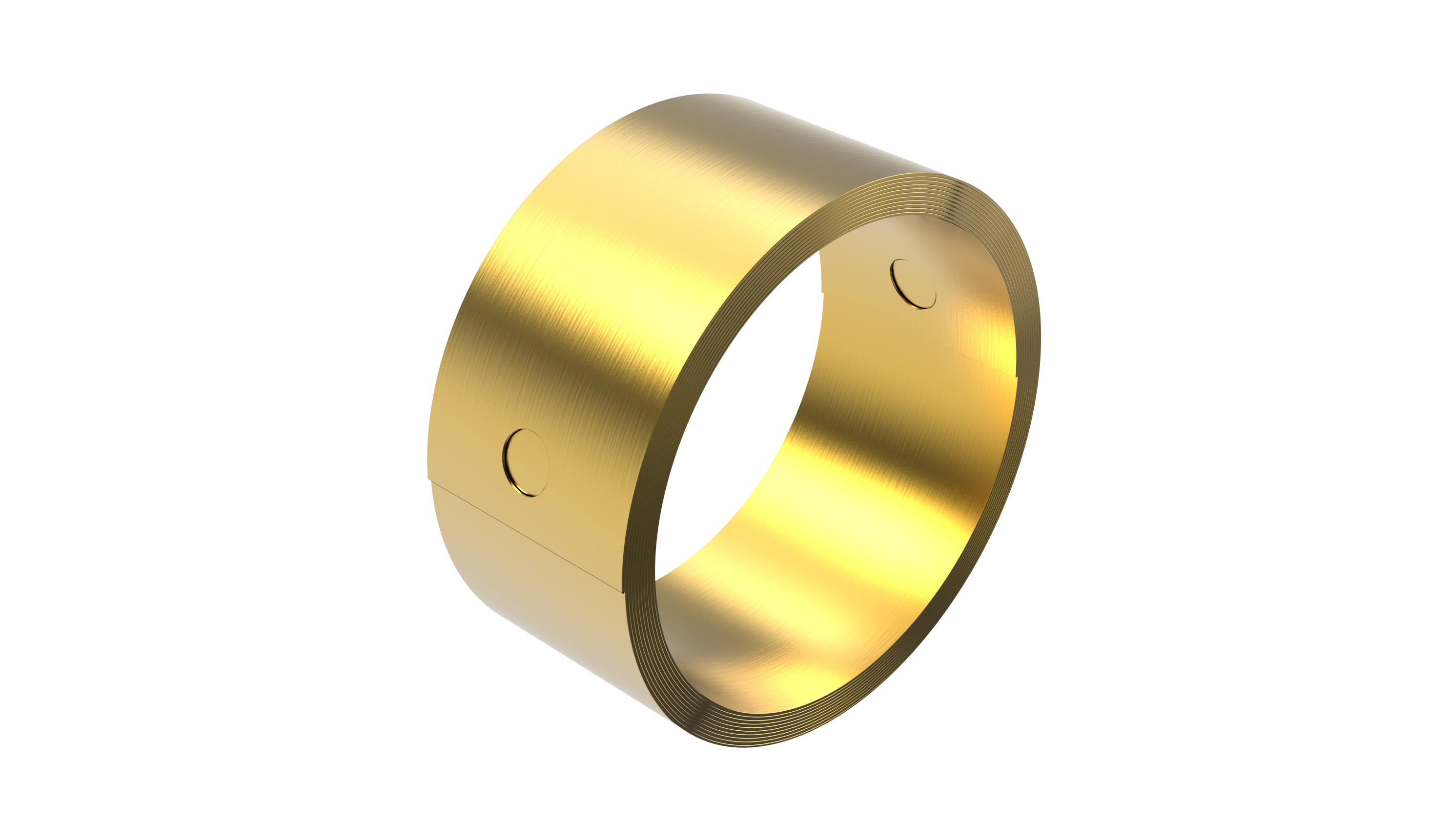 A shiny, gold, flat spring with one small hole, set against a white background. The smooth surface reflects light, creating a luxurious feel.