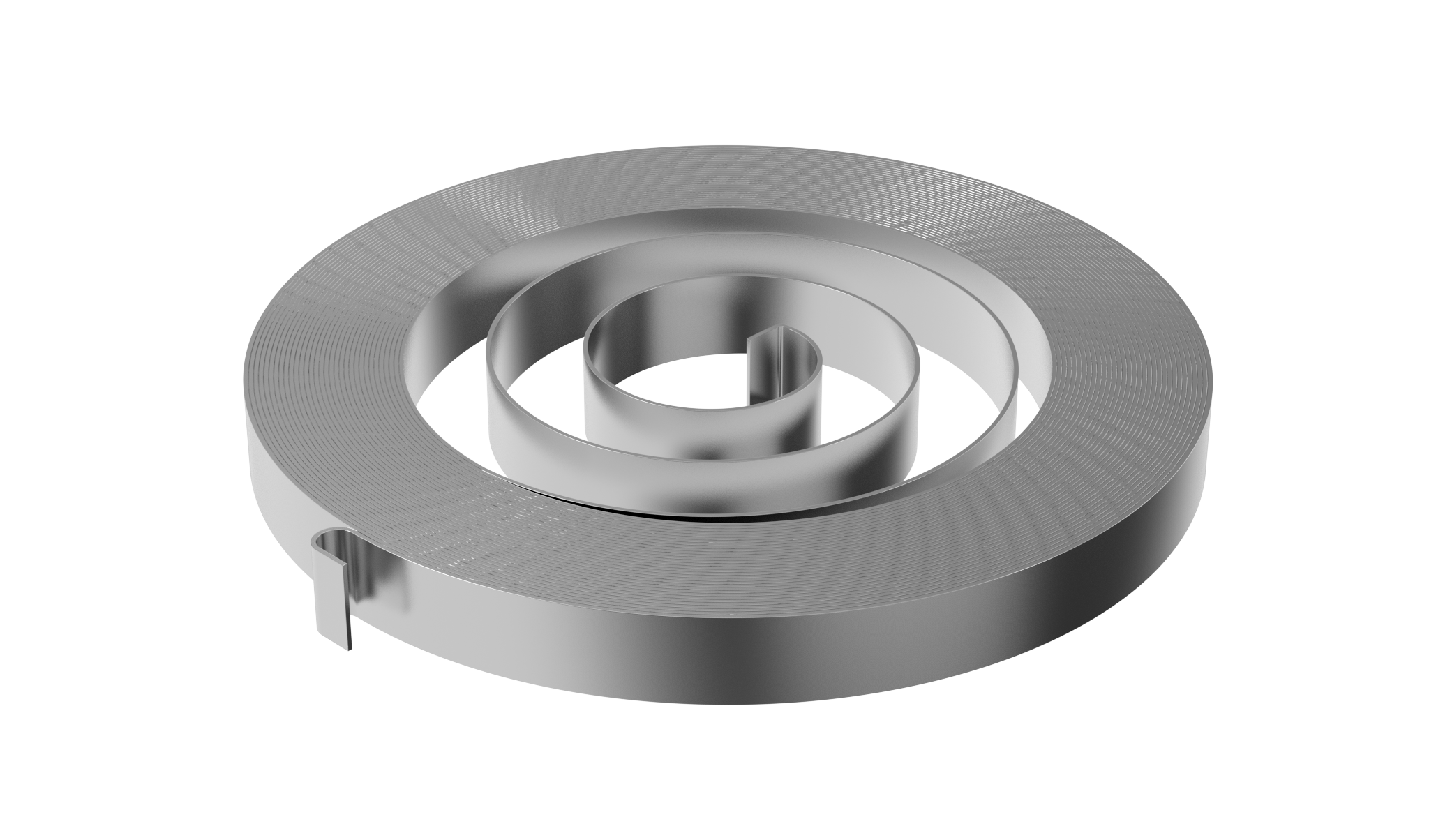 A metallic, spiral-shaped flat spring set against a white background, with smooth surfaces and sleek edges.
