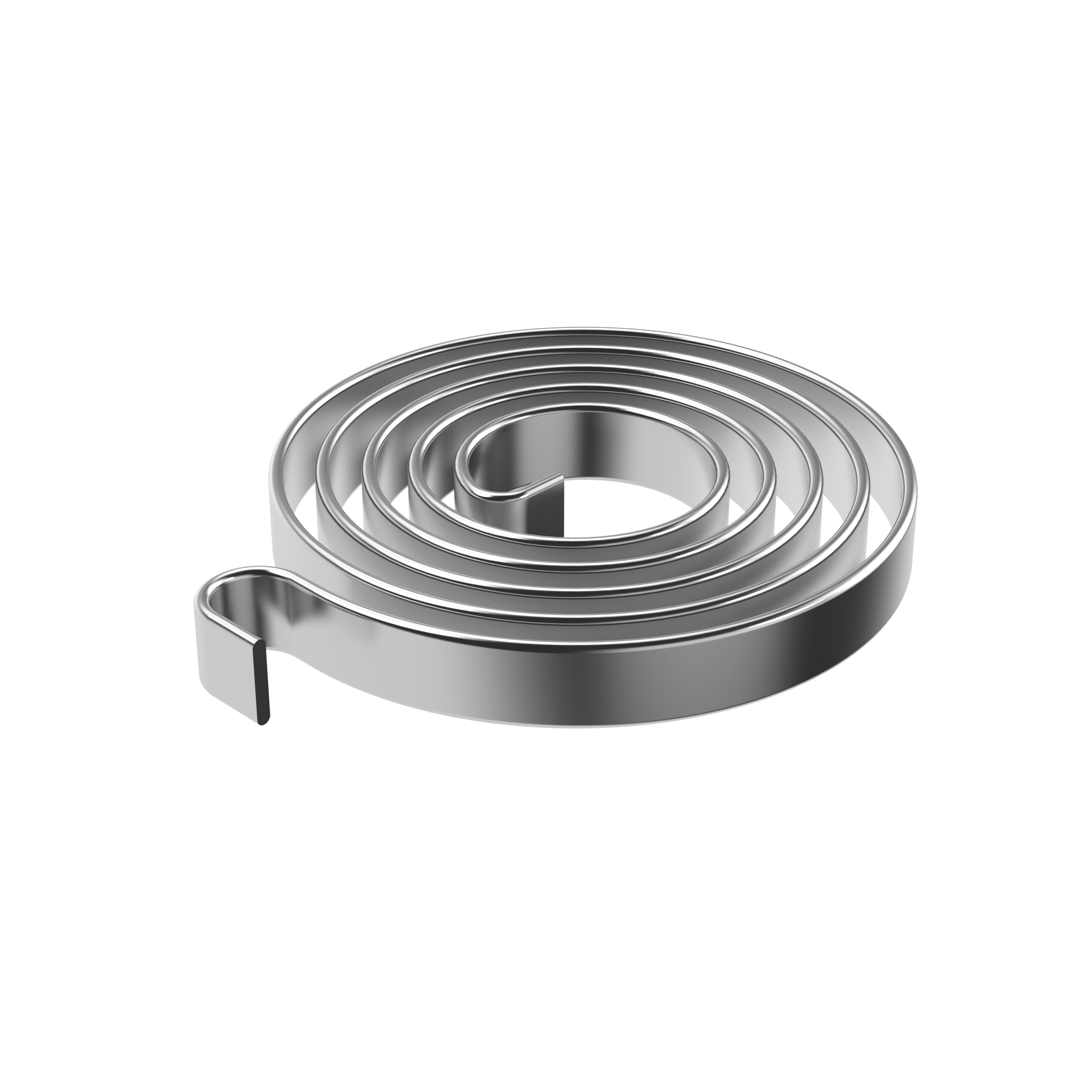 A sleek, metallic flat spring rests on a white background. The spiral is tightly coiled with smooth, reflective surfaces.