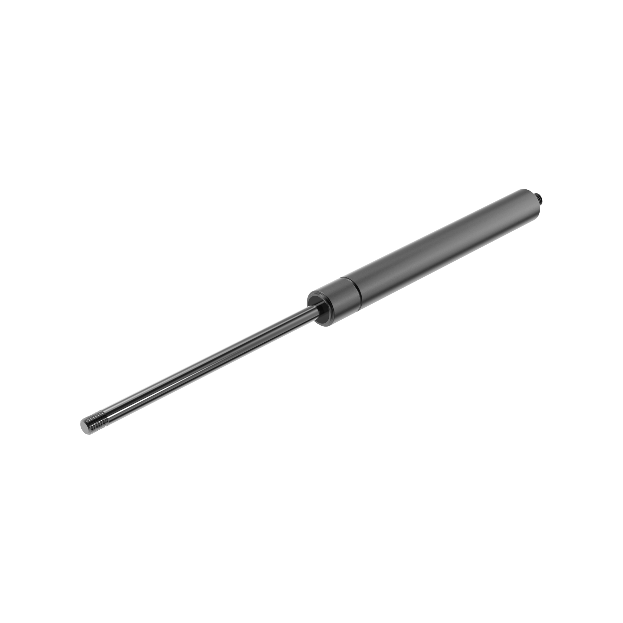 A metallic cylindrical dynamic gas spring with a bigger end and a long, thin shaft on a transparent background.