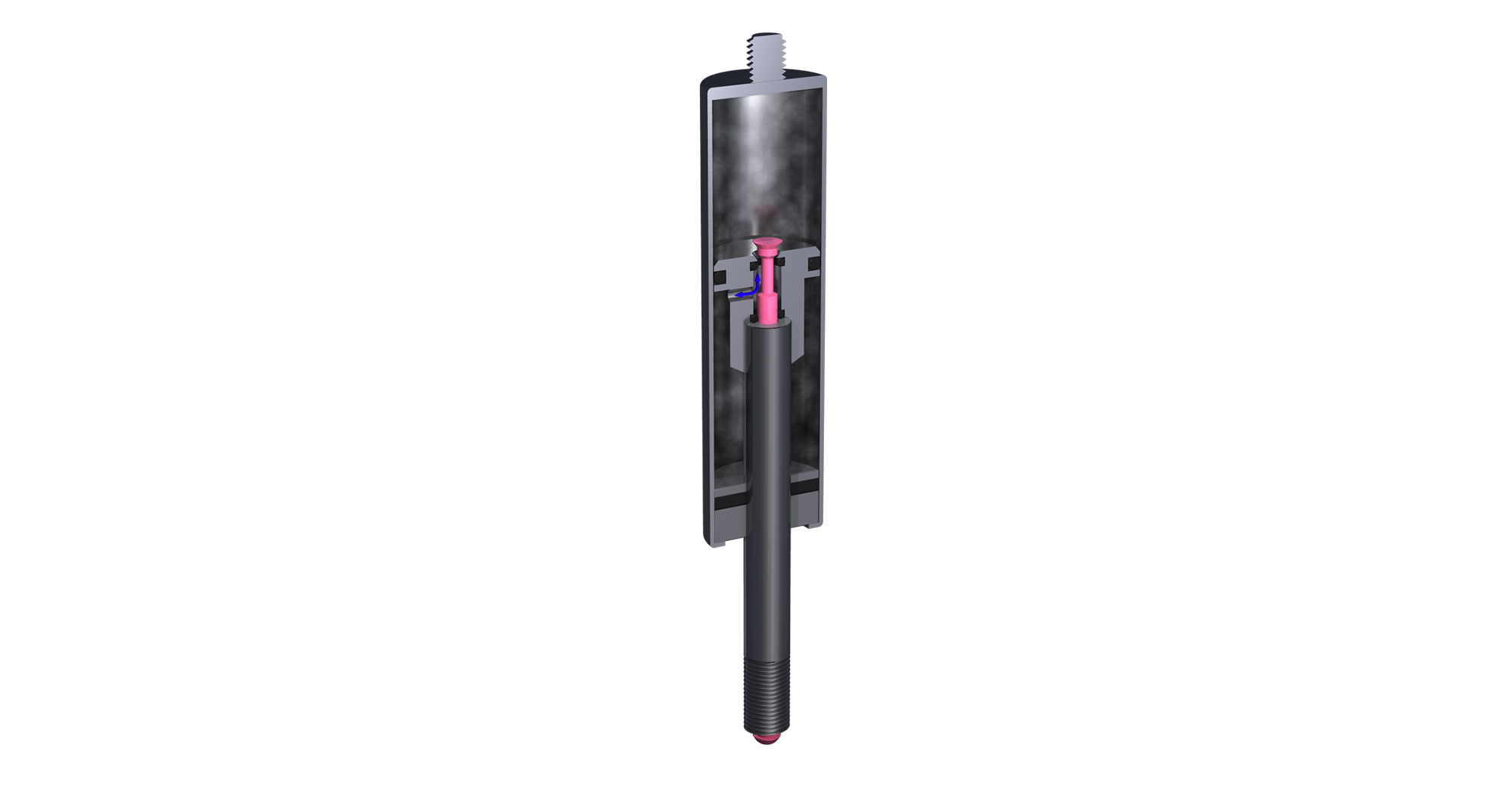 Elastic locking gas spring Cutaway illustration of a elastic locking gas spring showing internal parts, including a central rod and internal mechanisms inside a green outer casing.