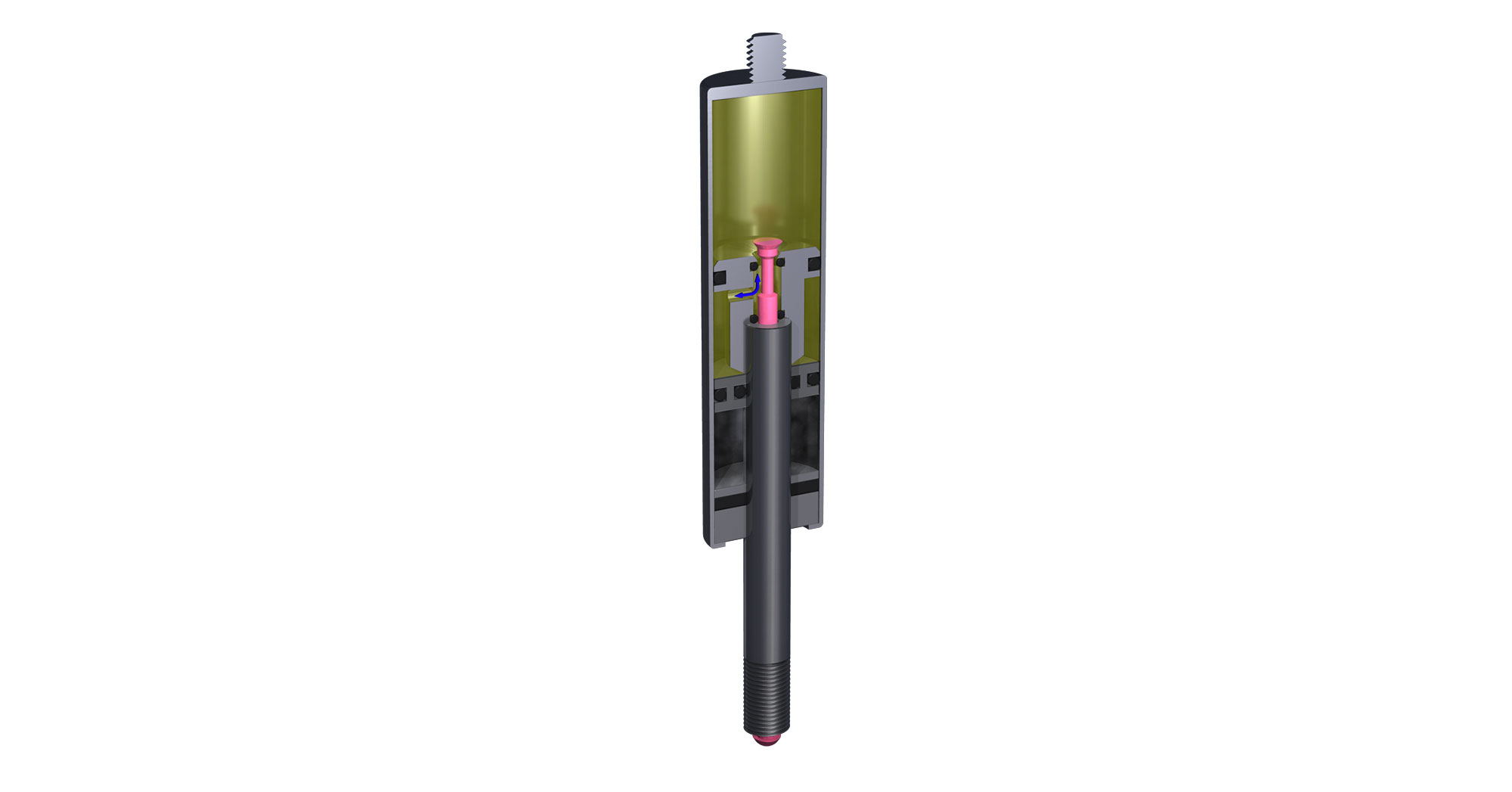 Cutaway illustration of a cylindrical mechanical component showing internal parts, including a central rod and internal mechanisms inside a green outer casing
