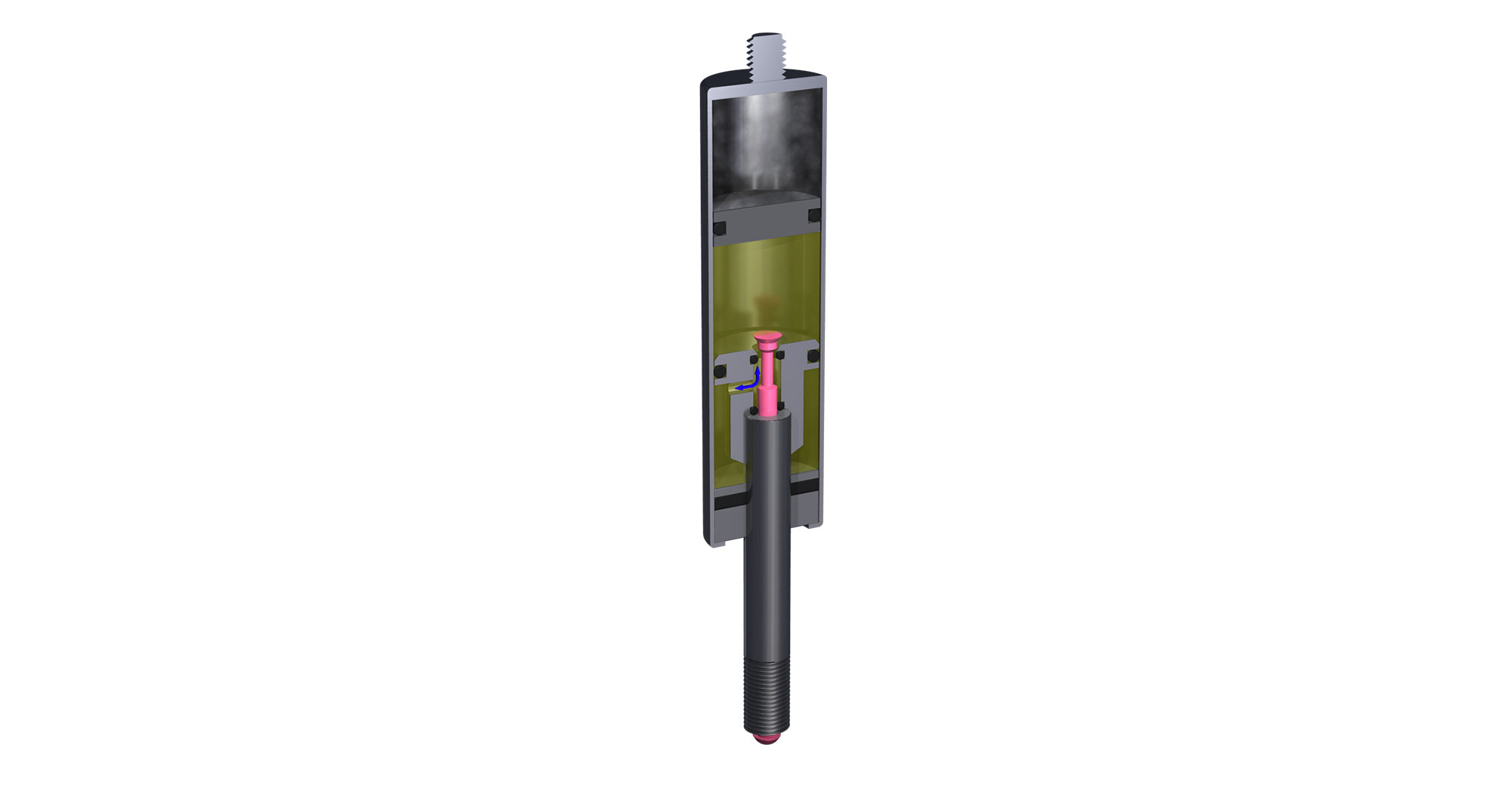 Rigid locking on a compression gas spring with a cylindrical metal body and a long extending rod is shown against a plain background.