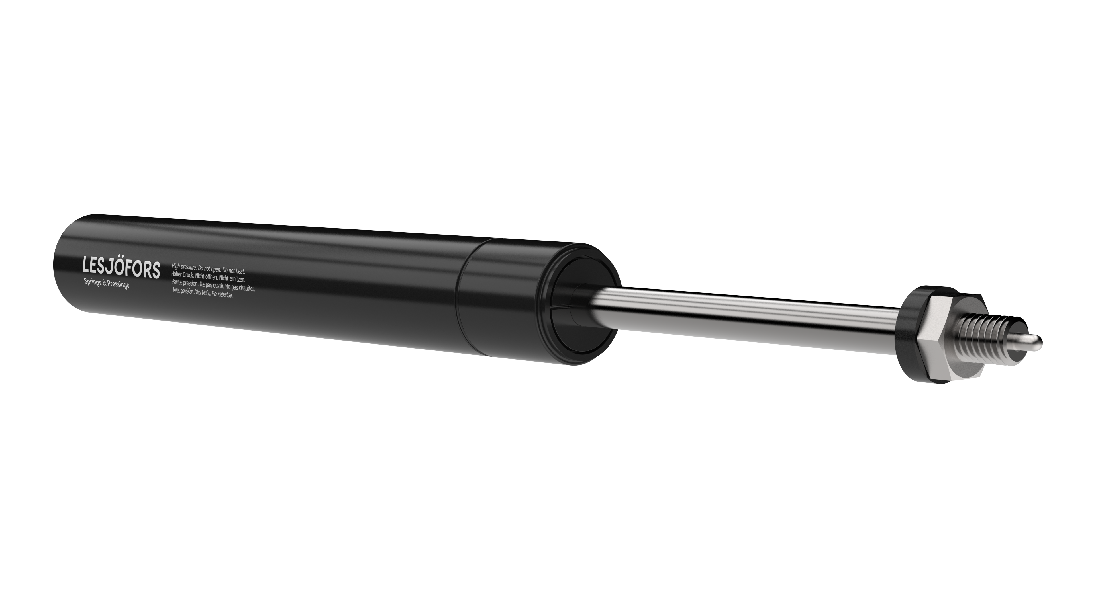 A sleek black lockable gas spring with a metallic rod and mounting components, set against a solid transparent background.