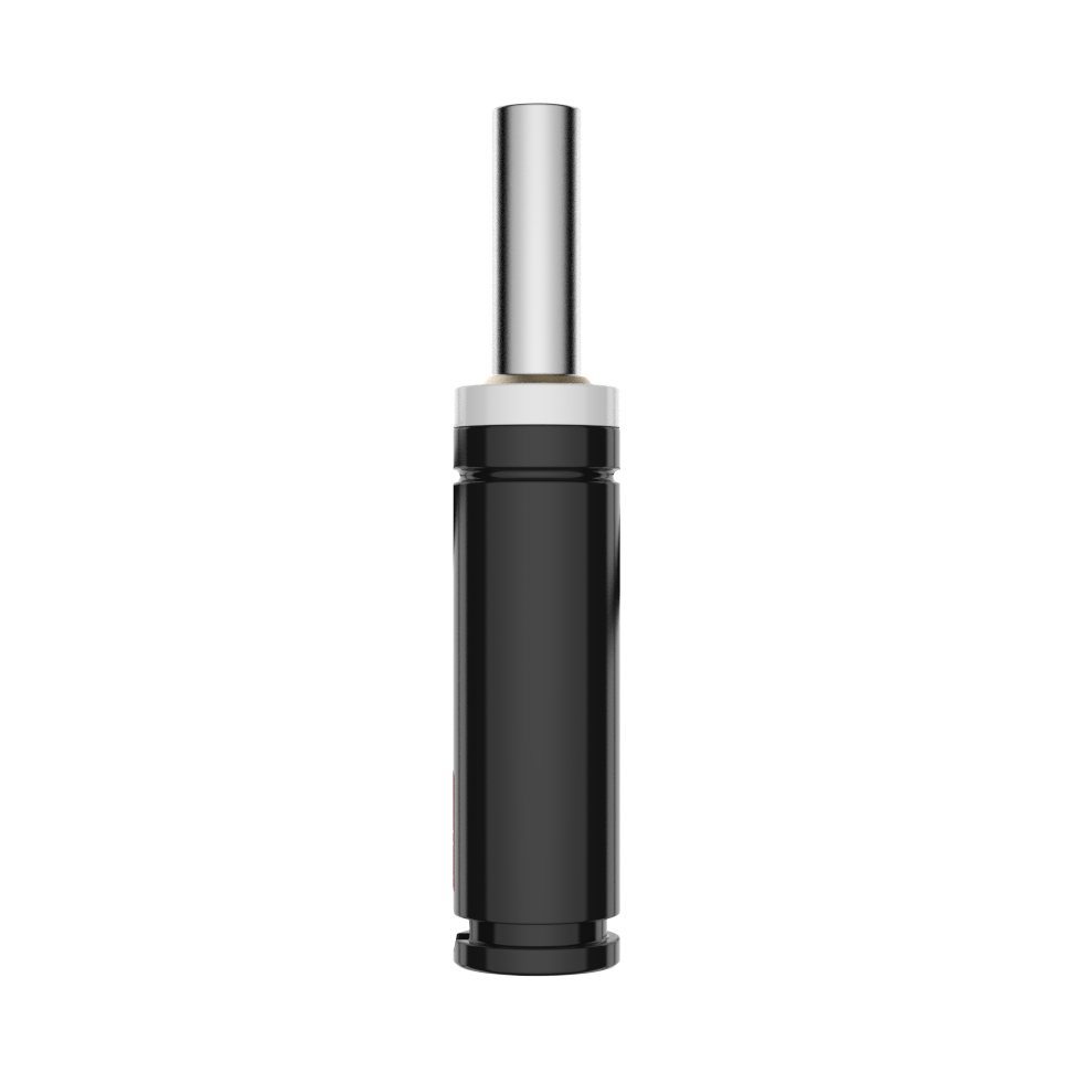 A sleek, black and silver nitro spring stands upright against a plain white background.