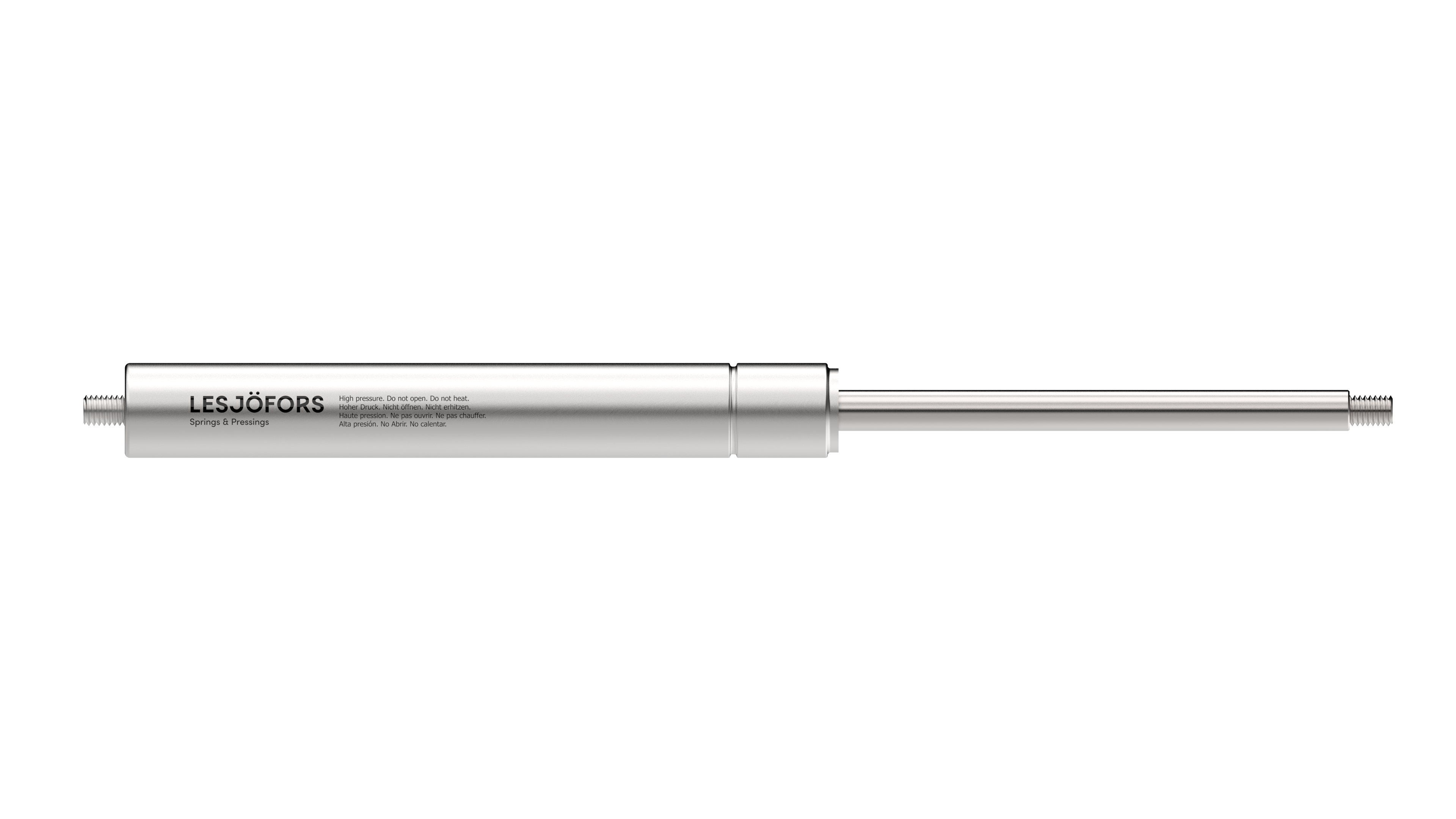 A sleek, metallic silver stainless steel gas spring with cylindrical design on a white background, showcasing its smooth, polished surface and elongated tip.