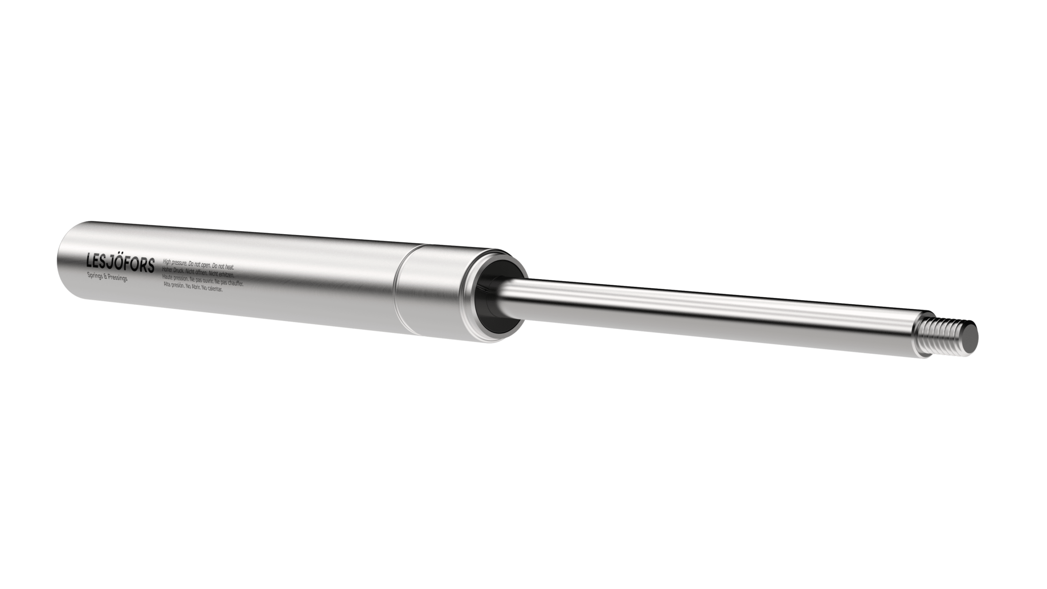 A shiny, metallic hydraulic piston against a white background. The sleek design and polished finish suggest precision engineering and industrial use.