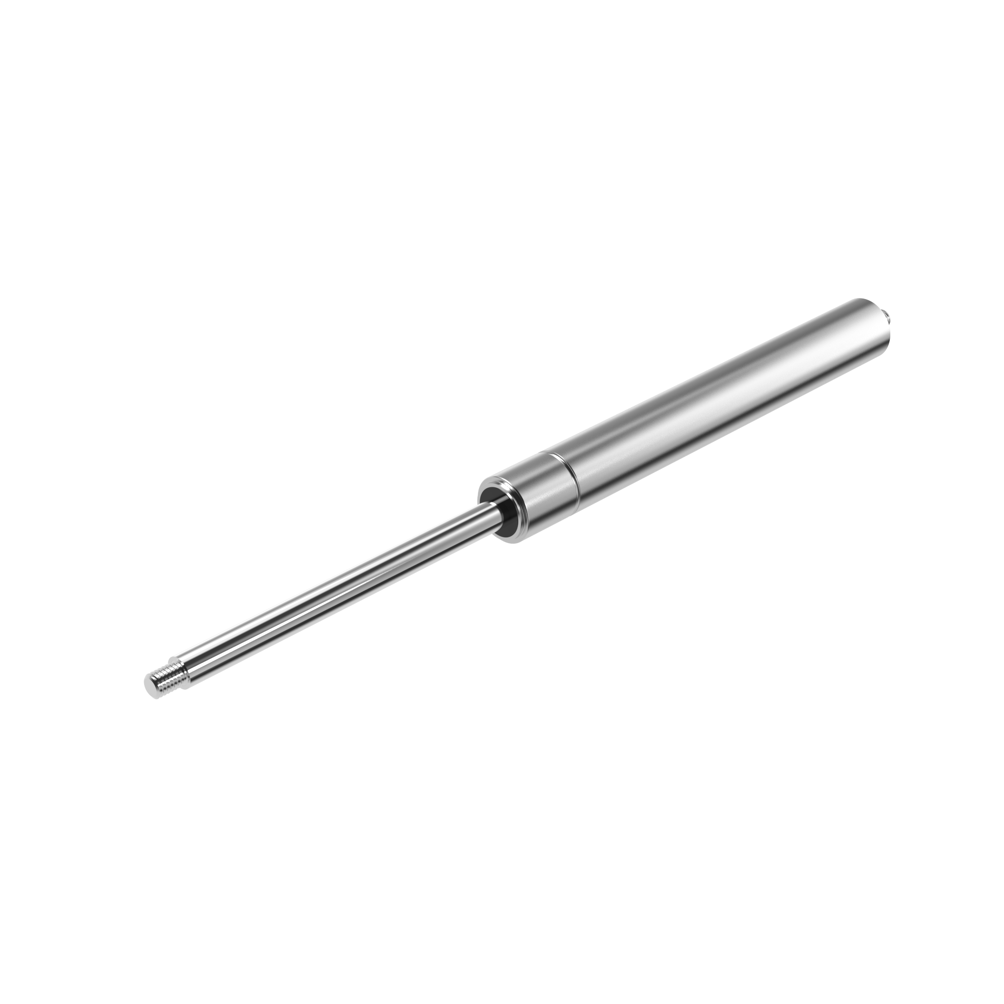 A metallic, cylindrical gas spring against a white background. The shiny surface reflects light.