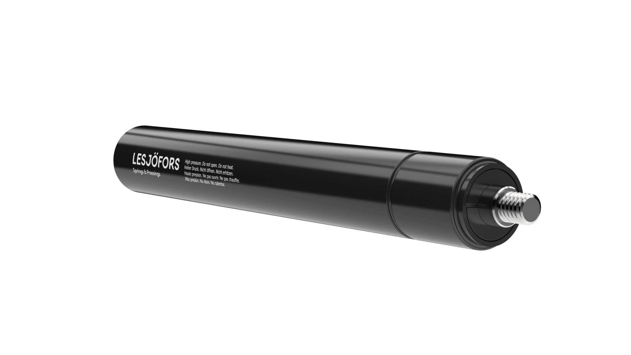 Sleek black cylindrical traction gas spring against a transparent background. The design is modern and minimalistic.