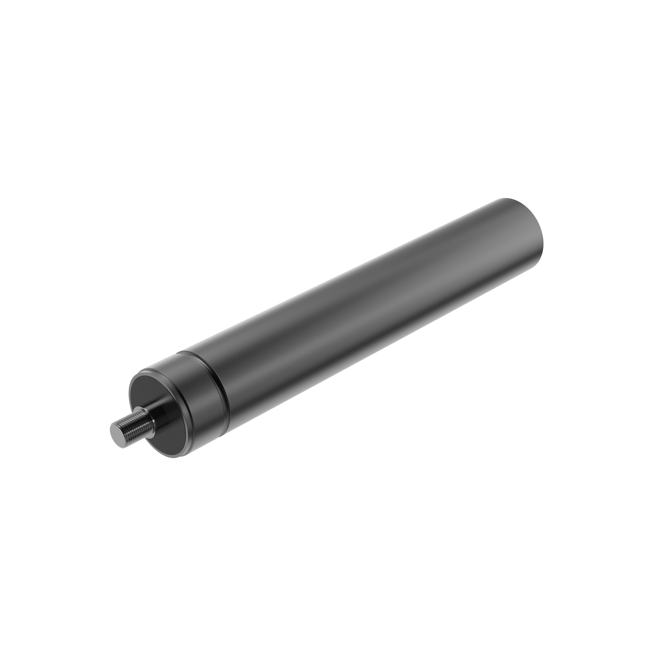A sleek, black traction gas spring lies horizontally against a solid black background. The lighting highlights its metallic texture.