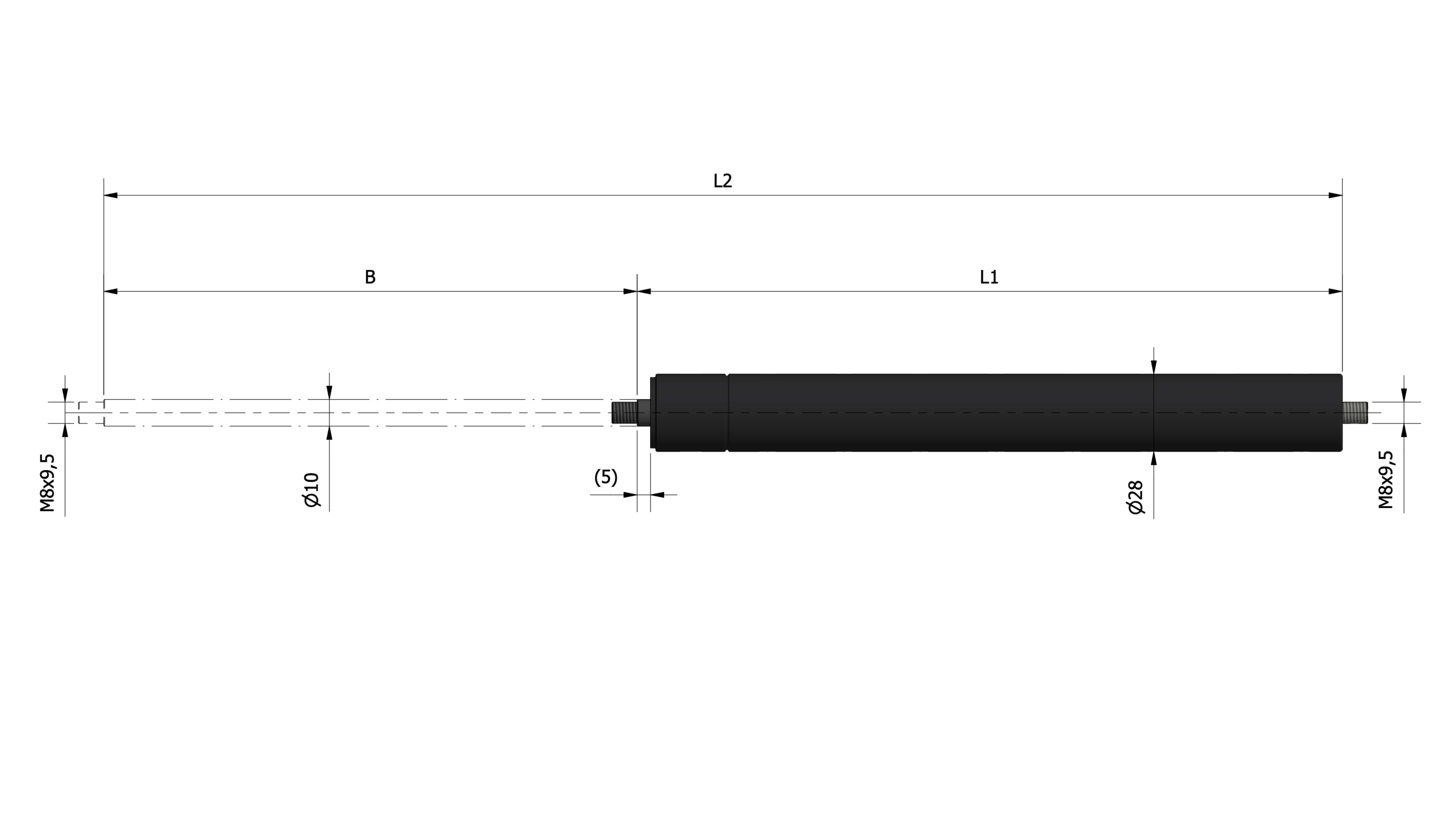 A black traction gas spring lying horizontally on a plain white background, with a sleek, minimalist design.
