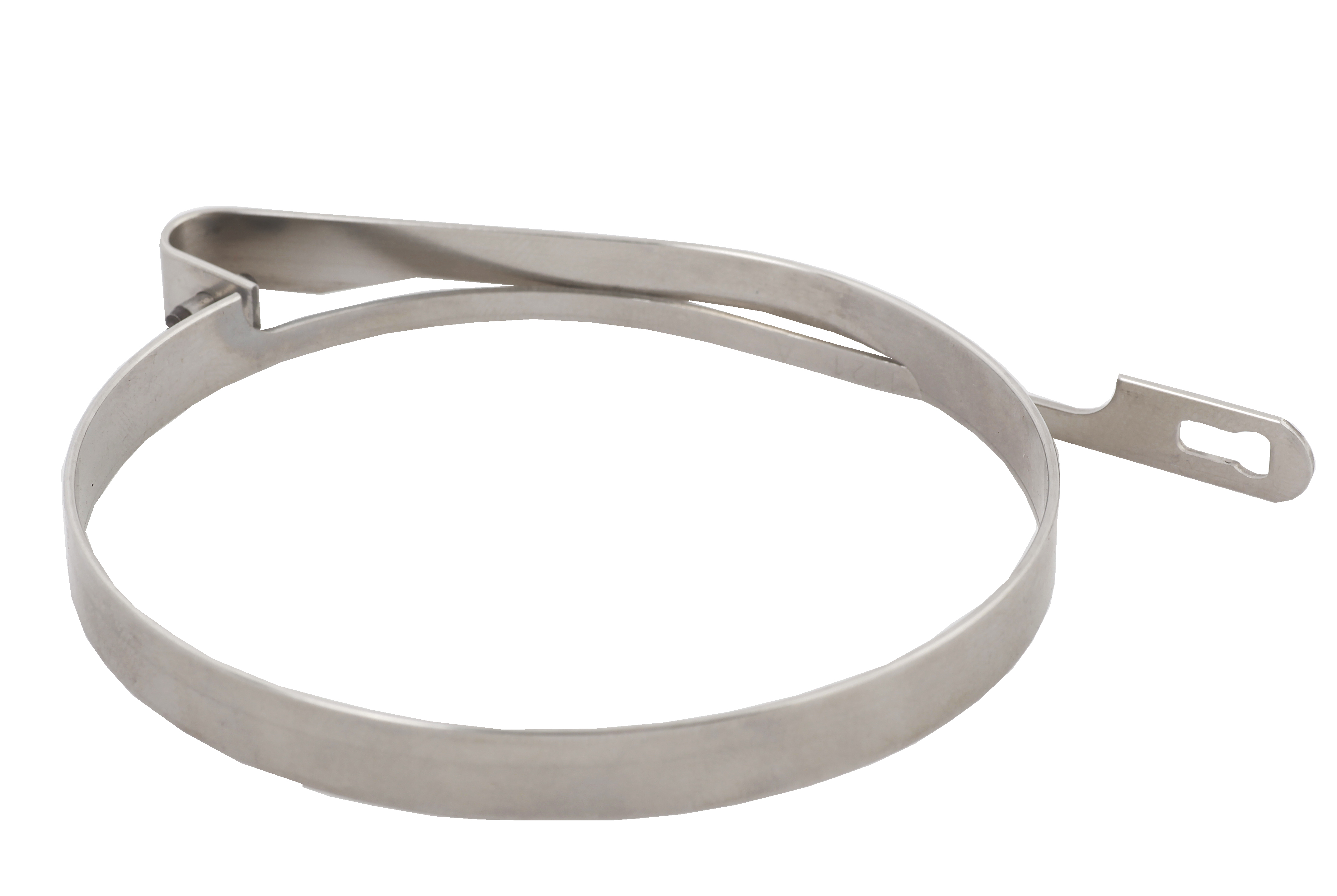 A round metal band clamp with a spring-like fastening mechanism and slotted end on a white background.