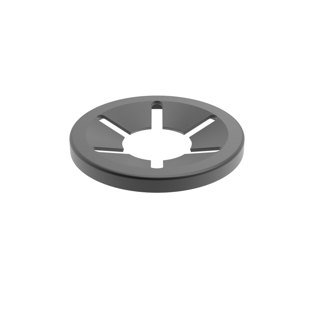 A dark gray circular metal locking ring with a central opening and radial slots, shown on a transparent background.