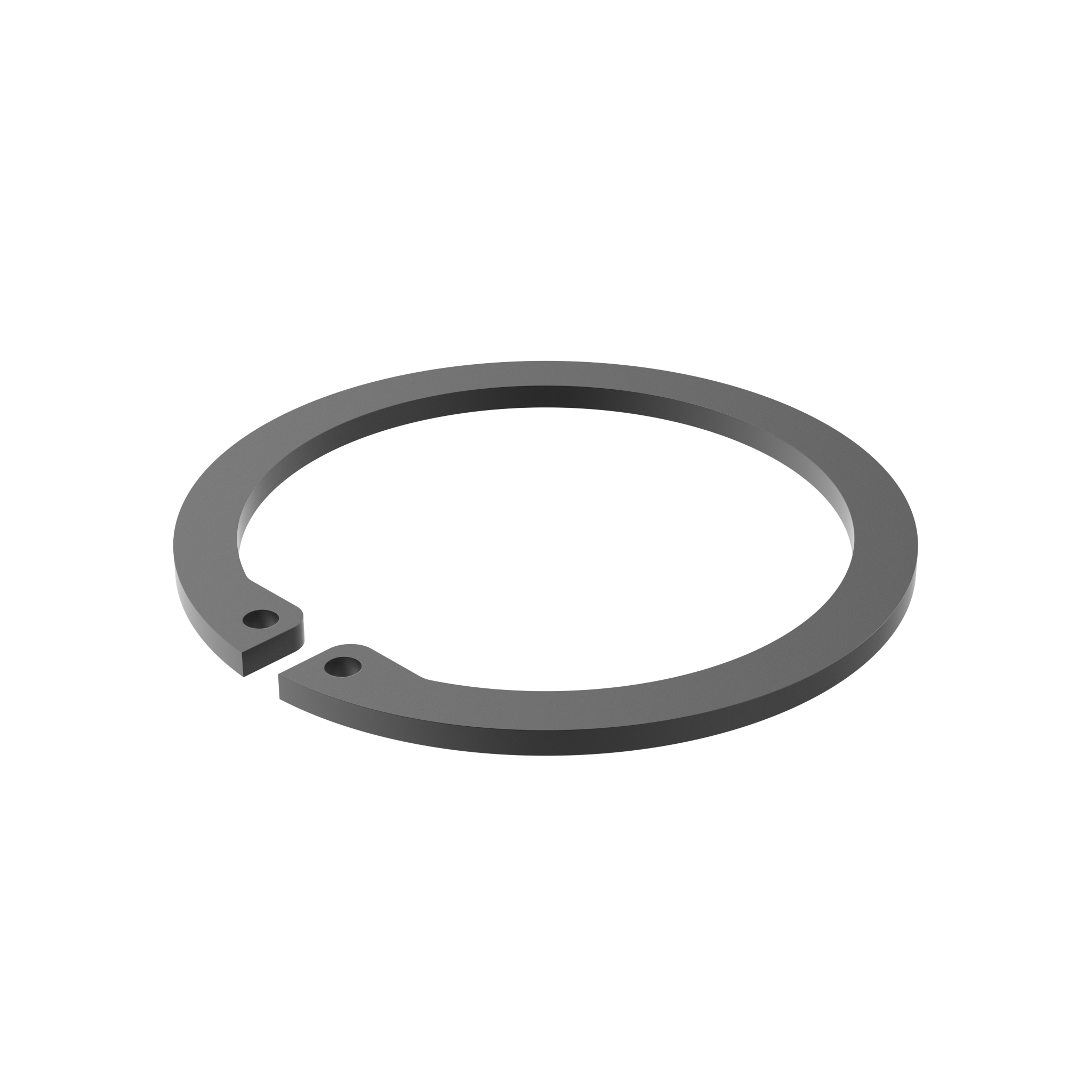 A dark gray circlip with two small holes at its ends, shown on a transparent background.