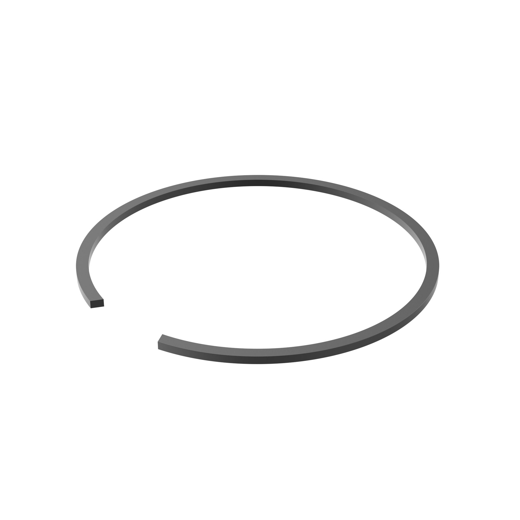 A thin dark gray metal ring with a small opening on a transparent background.
